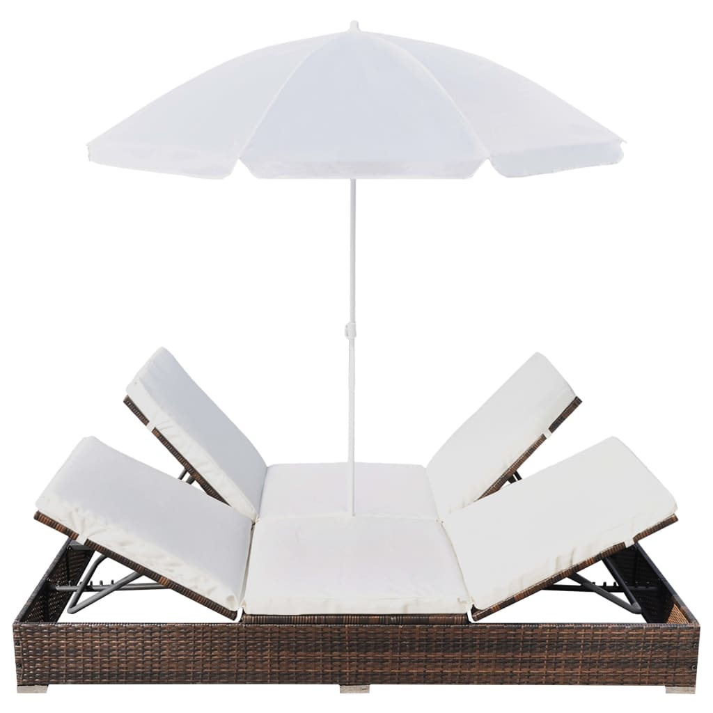 Outdoor Lounge Bed with Umbrella Poly Rattan Brown