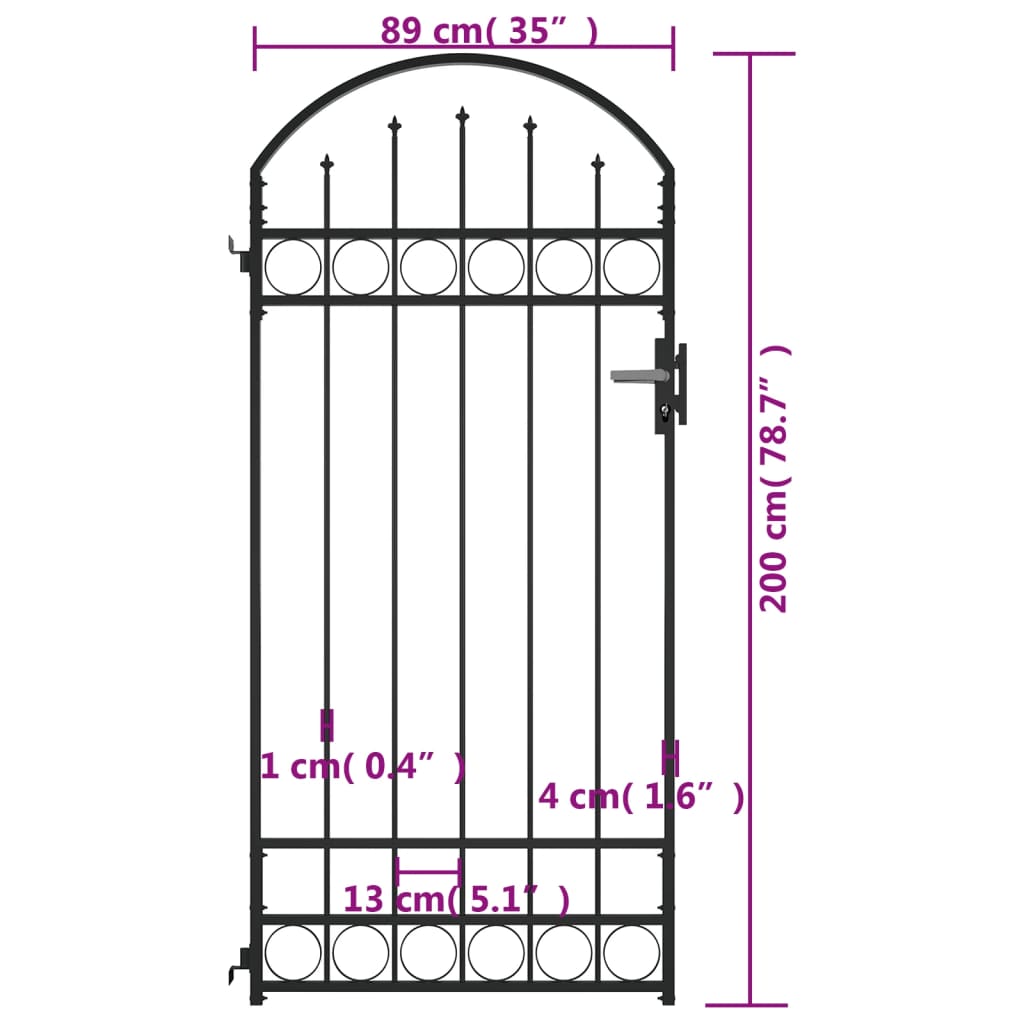 Fence Gate with Arched Top Steel 89x200 cm Black