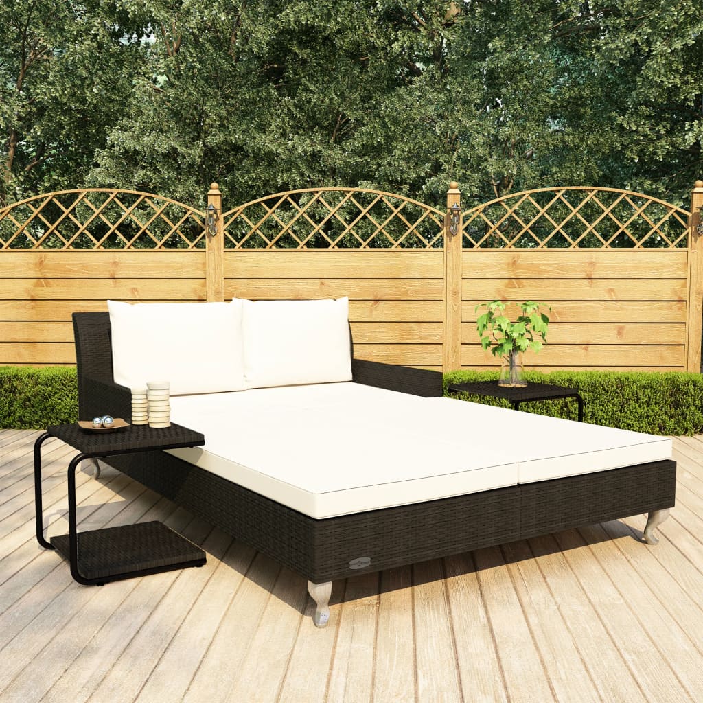 2-Person Garden Sun Bed with Cushions Poly Rattan Black
