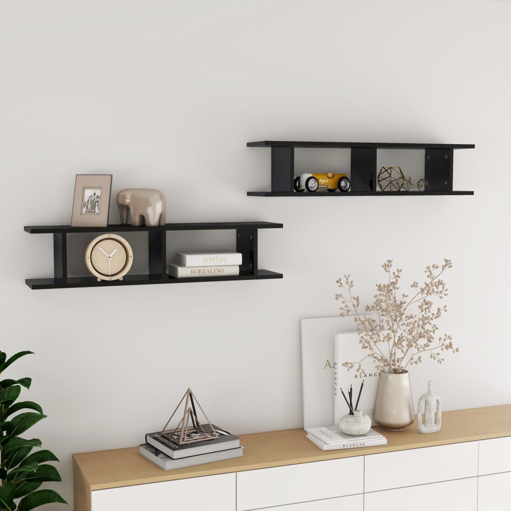 Wall Shelves 2 pcs High Gloss Black 90x18x20 cm Engineered Wood