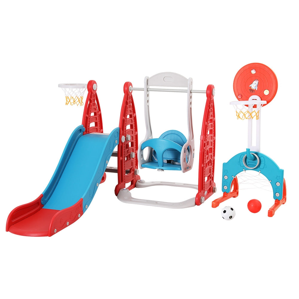Kids Slide Swing Set Basketball Hoop Rings Football Outdoor Toys 140cm Red