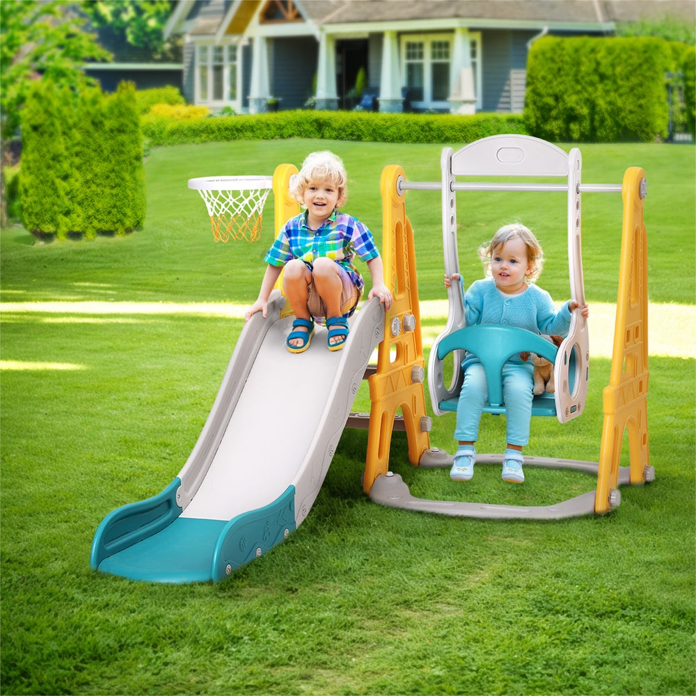Kids Slide Swing Set Basketball Outdoor Toys Adjustable Height 140cm Green