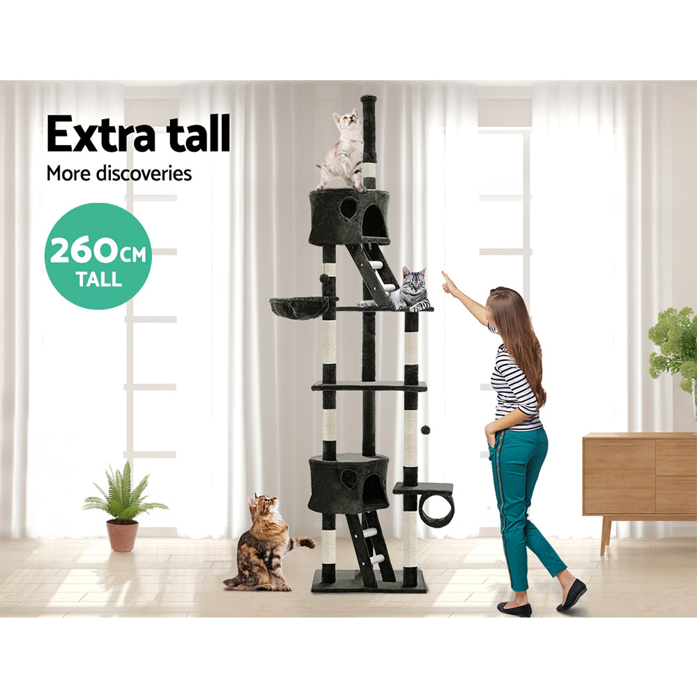 Cat Tree 260cm Tower Scratching Post Scratcher Condo House Trees Grey