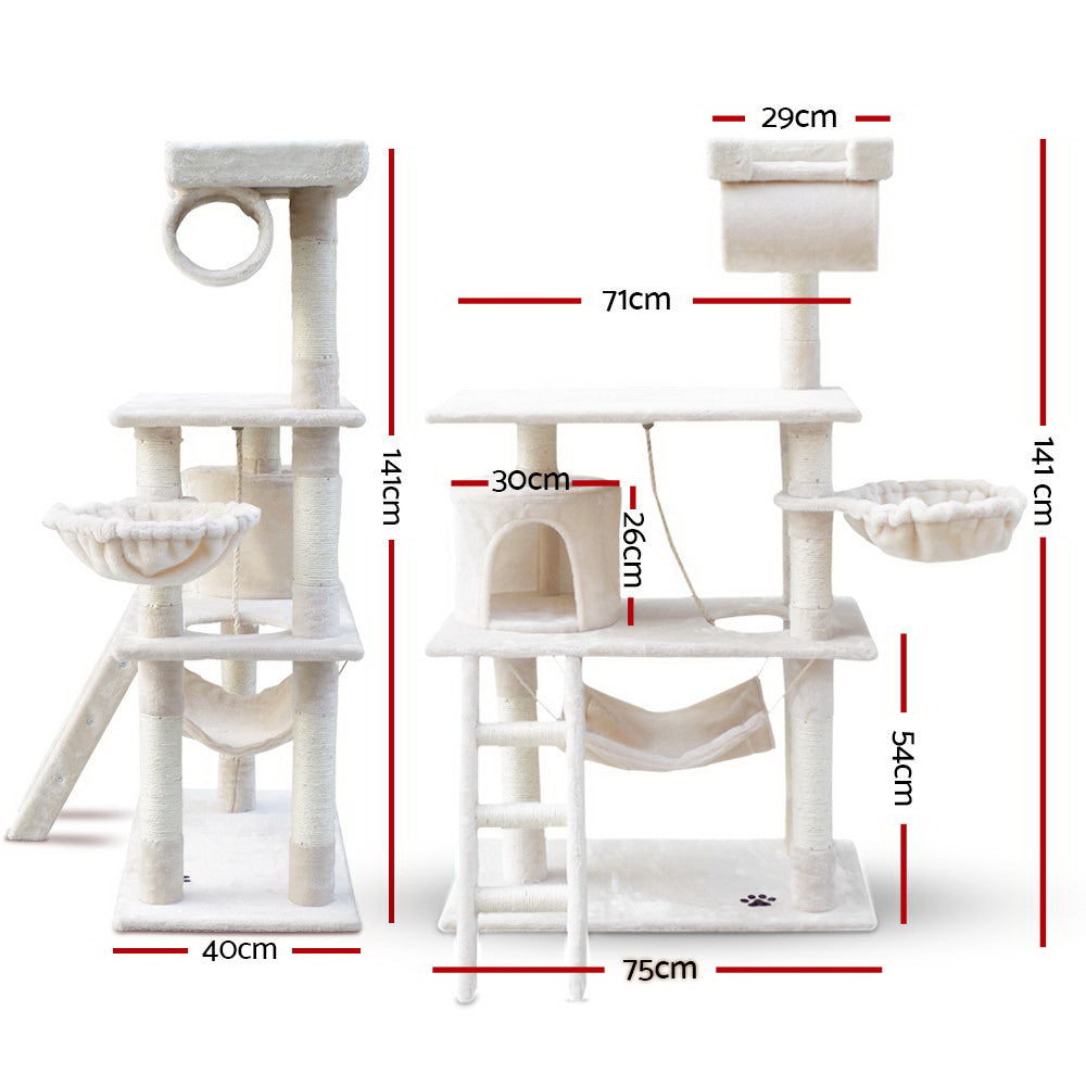 Cat Tree 141cm Tower Scratching Post Scratcher Condo Wood House Bed Beige