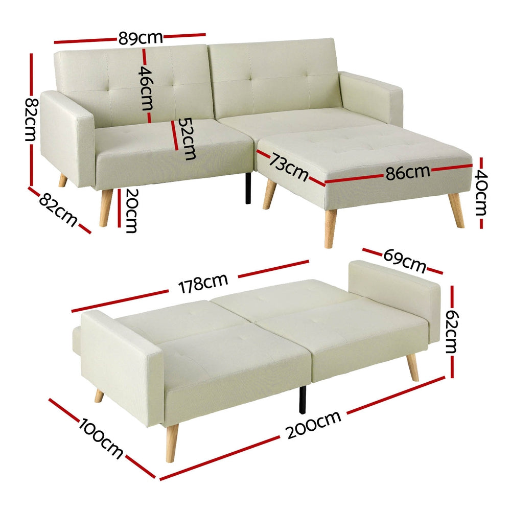 Sofa Bed Ottoman 200CM Beige Faux Linen