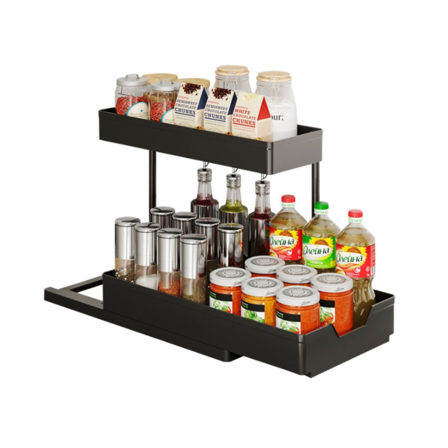 2 Packs 2-Tier Under Sink Organizer Shelf with 8 Hanging Hooks and 2 Cup Holders (Black) GO-USO-102-NE