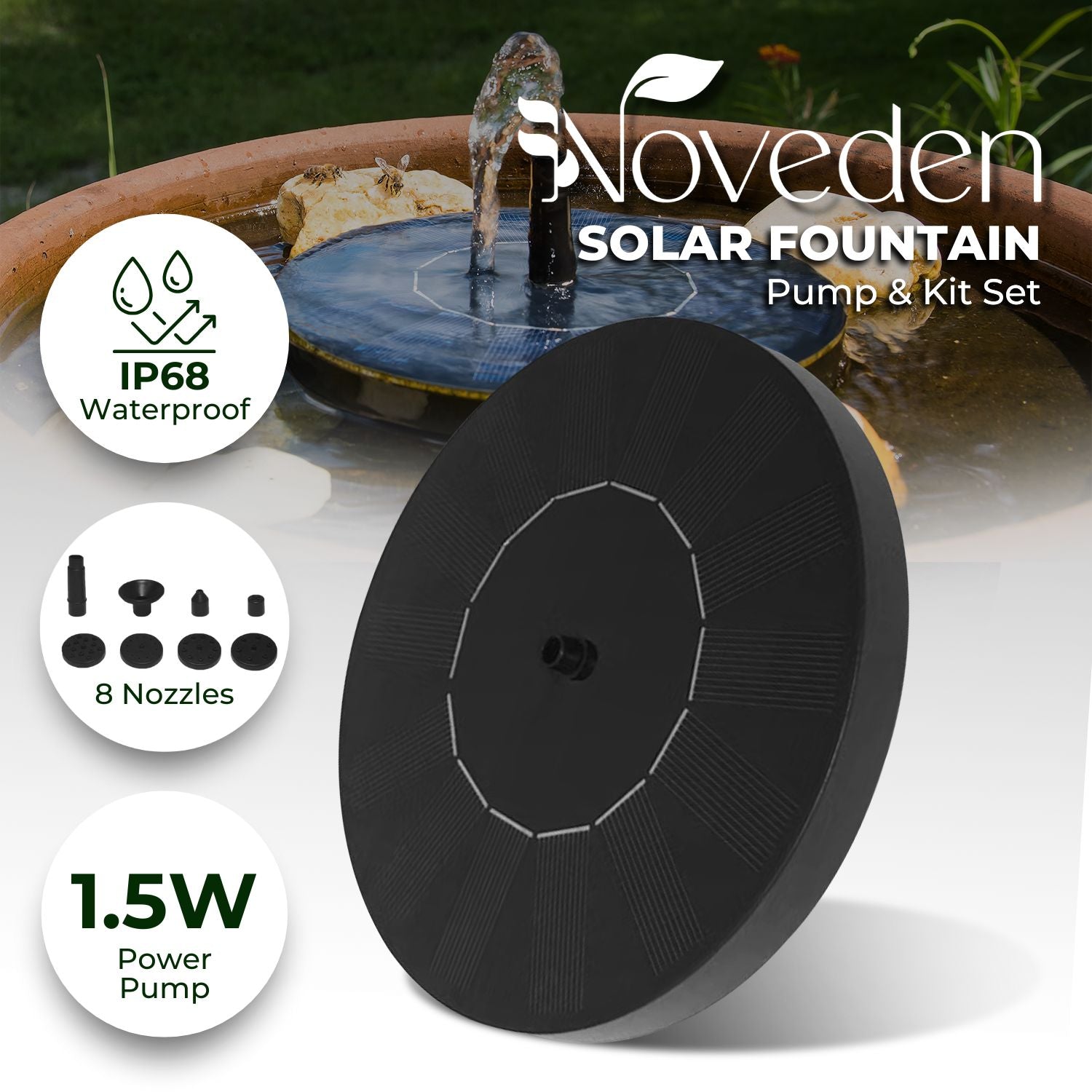 1.5W Solar Fountain Water Pump for Bird Bath (Black) NE-SPWF-101-SY