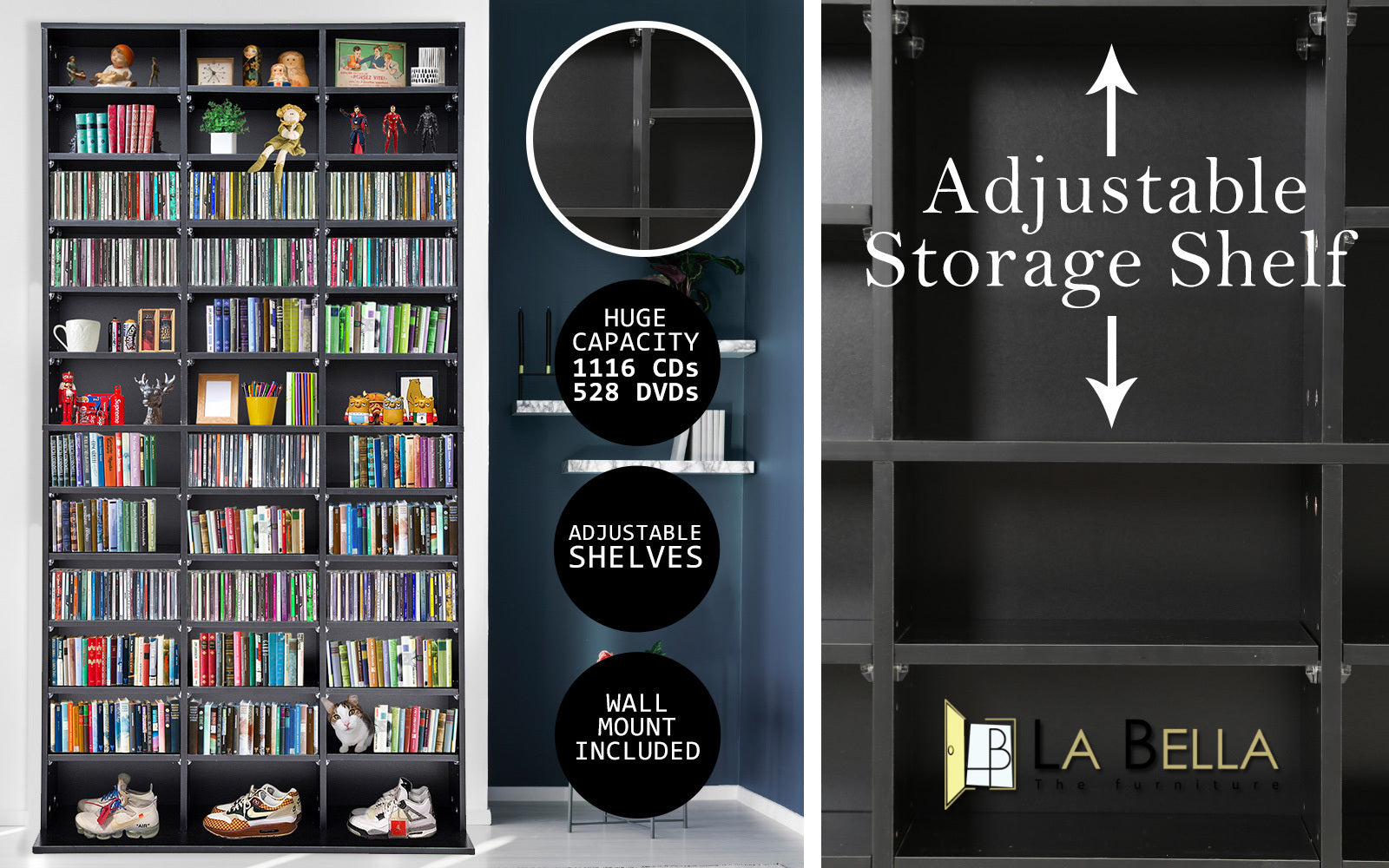 Adjustable Shelves CD DVD Bluray Media Book Storage Cupboard BLACK