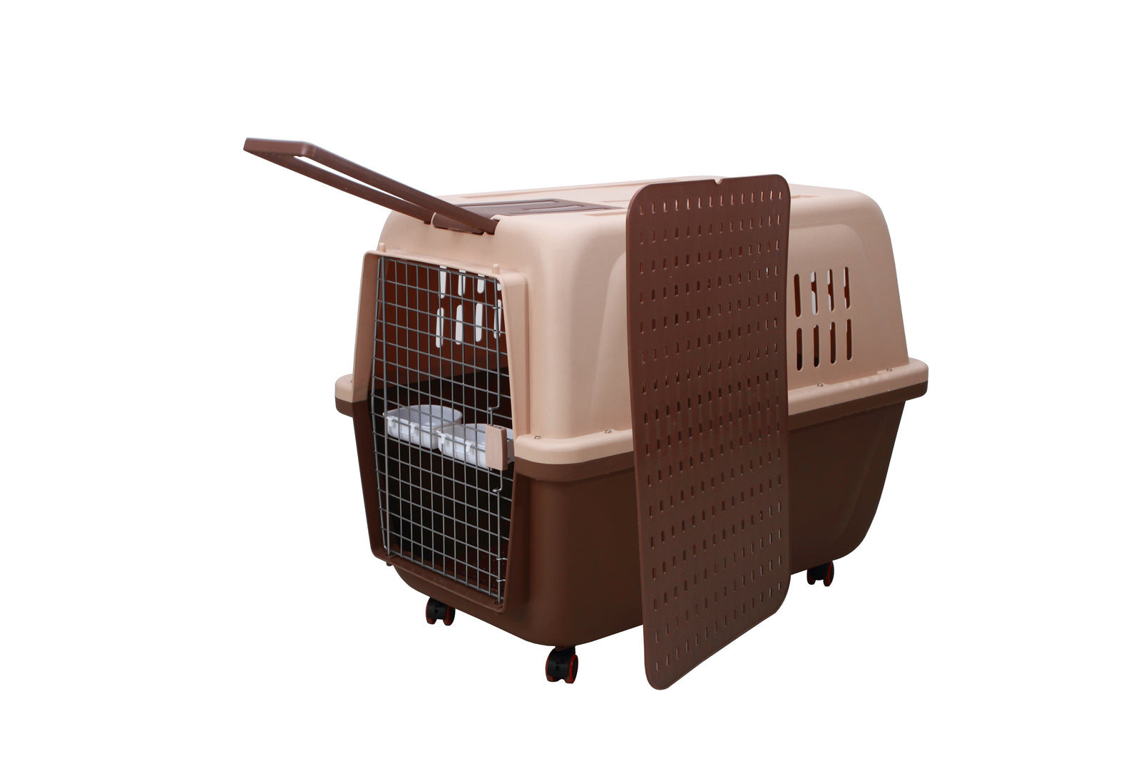 XL Plastic Kennels Pet Carrier Dog Cat Cage Crate With Handle and Removable Wheel Brown