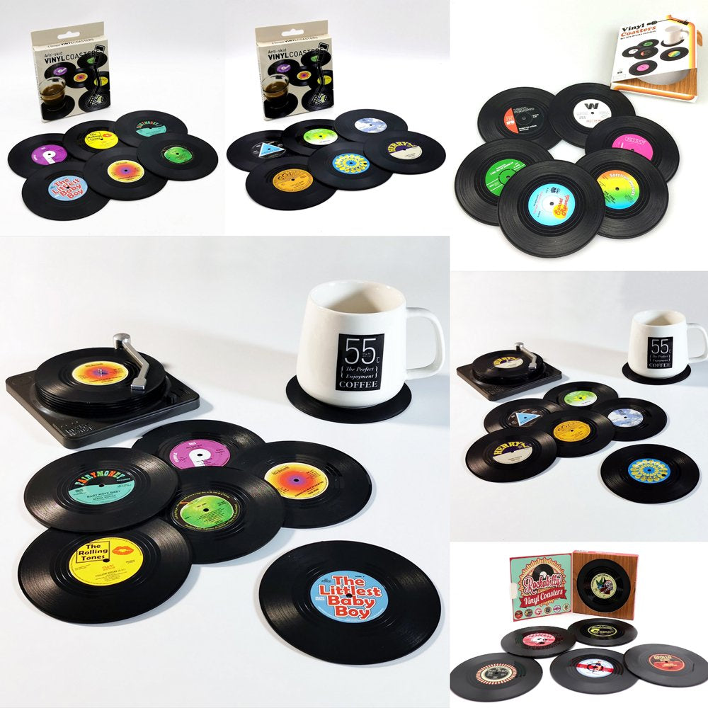 6x Creative Vinyl Record Cup Coasters w Holder Glass Drink Tableware Home Décor, A w/ Record Player Holder