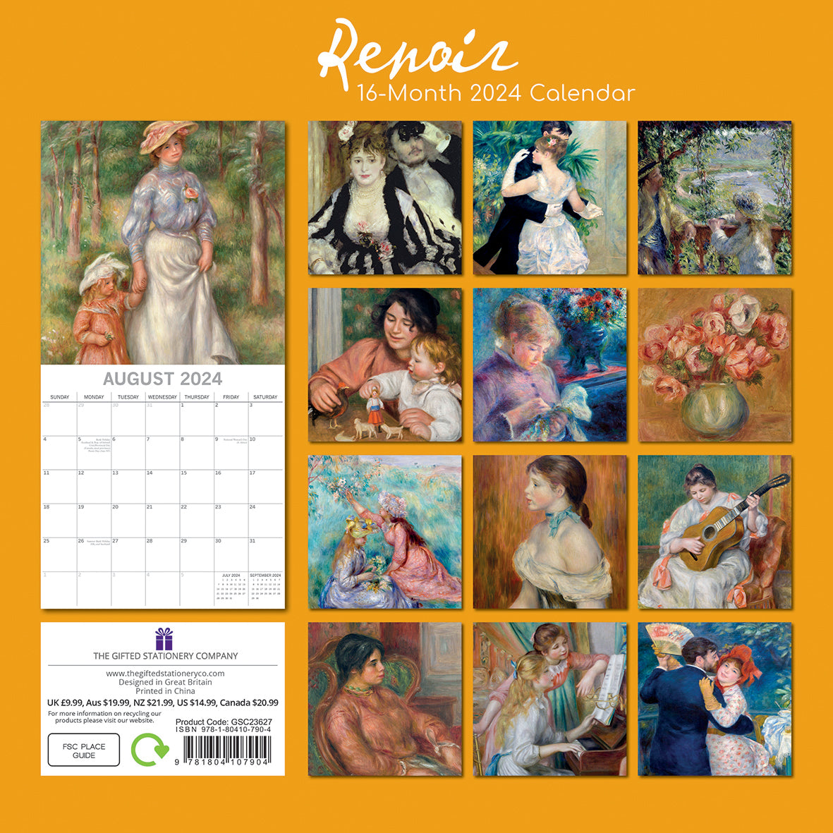 Renoir - 2024 Square Wall Calendar 16 Month Arts Planner Christmas New Year Gift