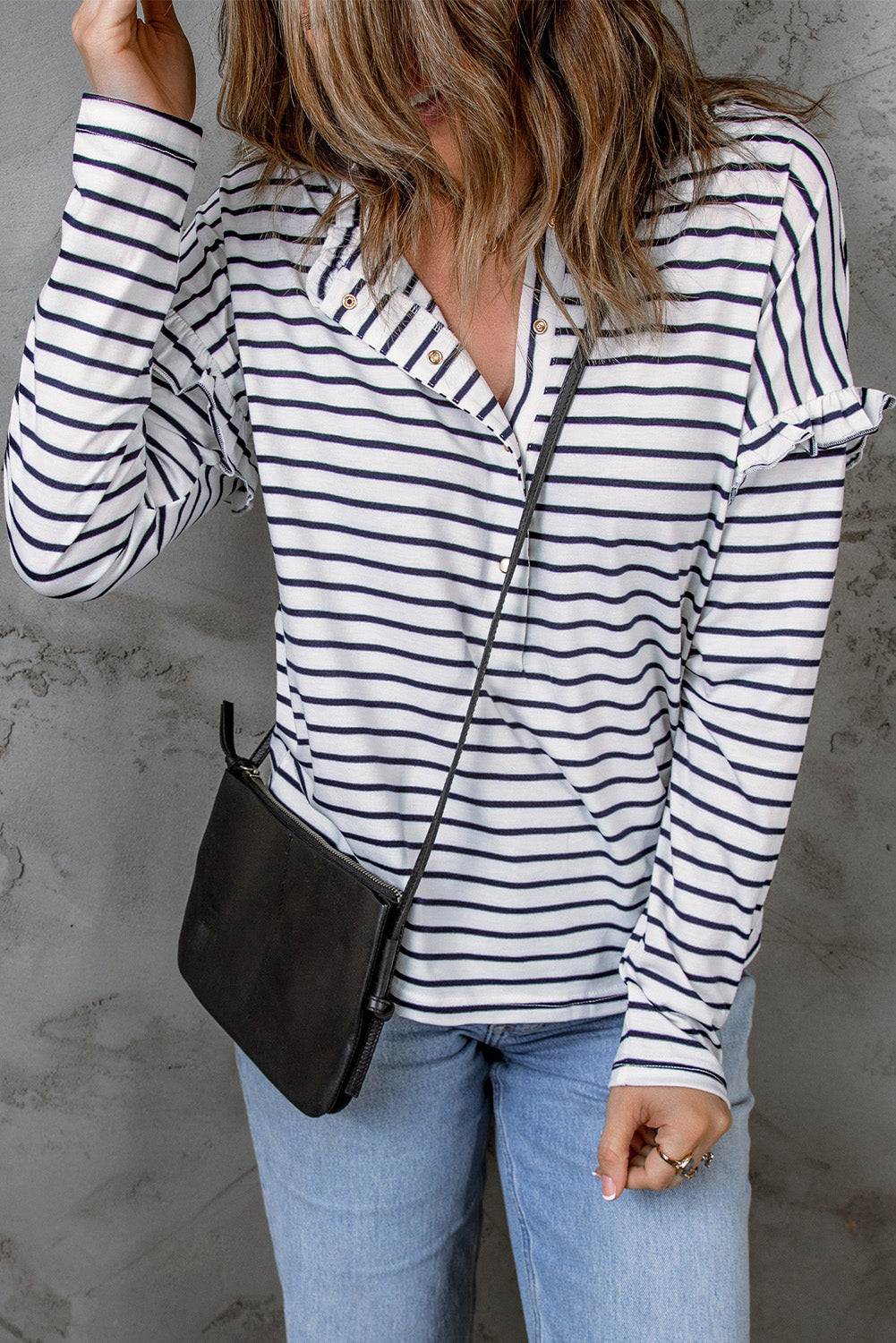 Striped Print Ruffled Buttoned Top - 2XL