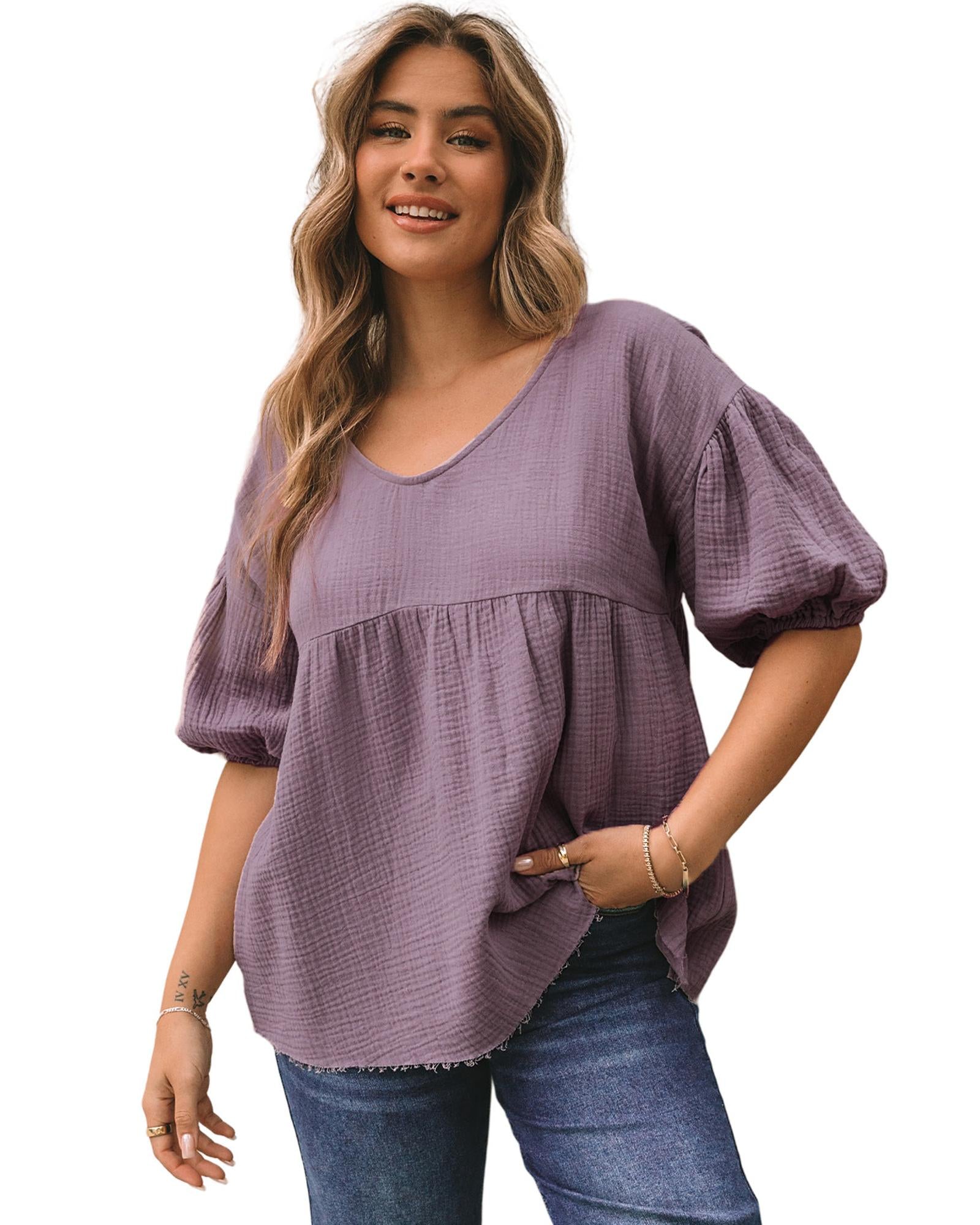 Textured Bubble Sleeves Top - S