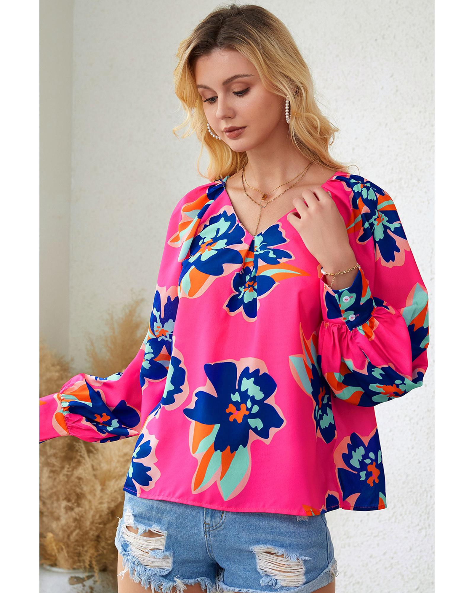 Azura Exchange Puff Sleeve Blouse with Flower Print - M