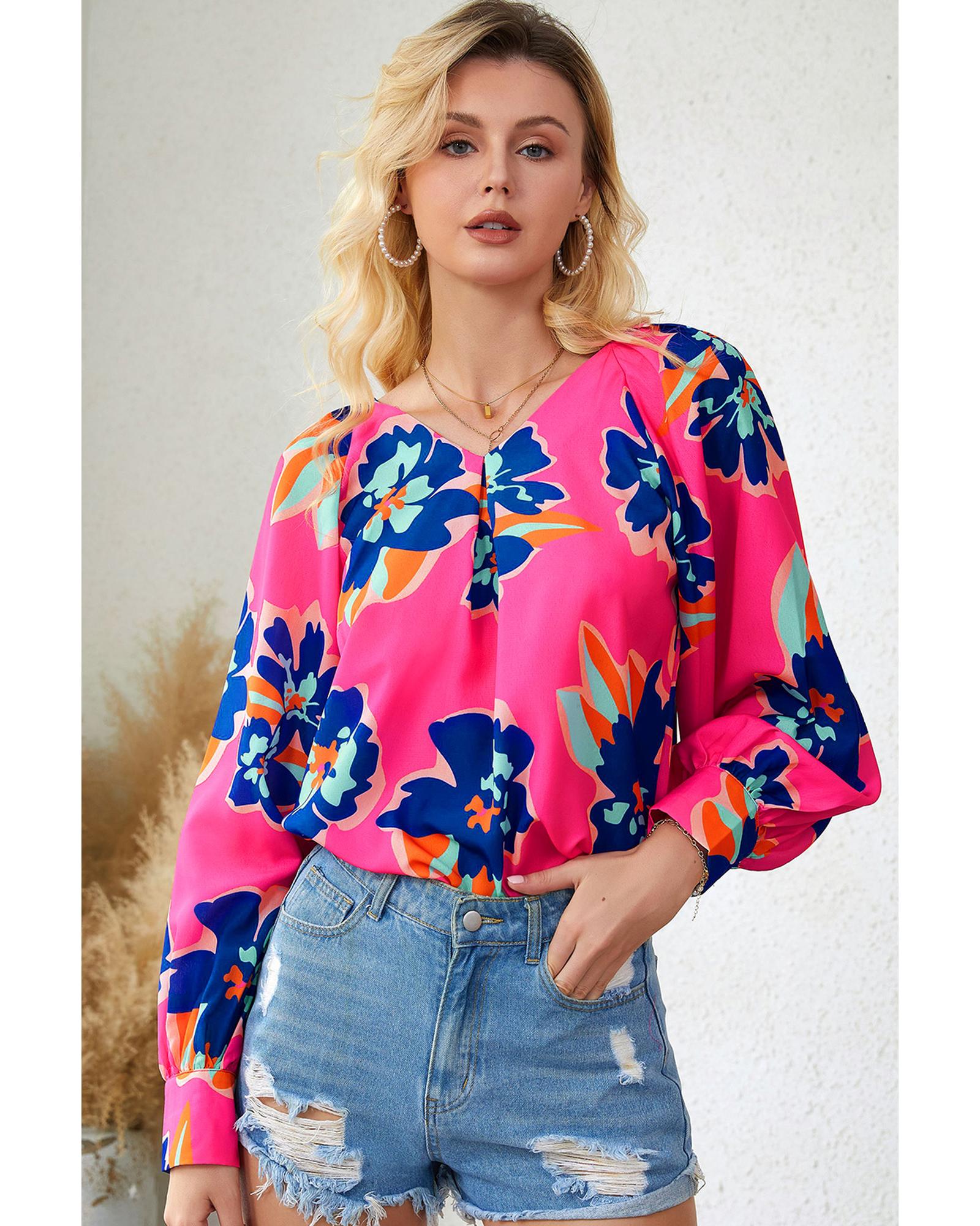 Azura Exchange Puff Sleeve Blouse with Flower Print - M