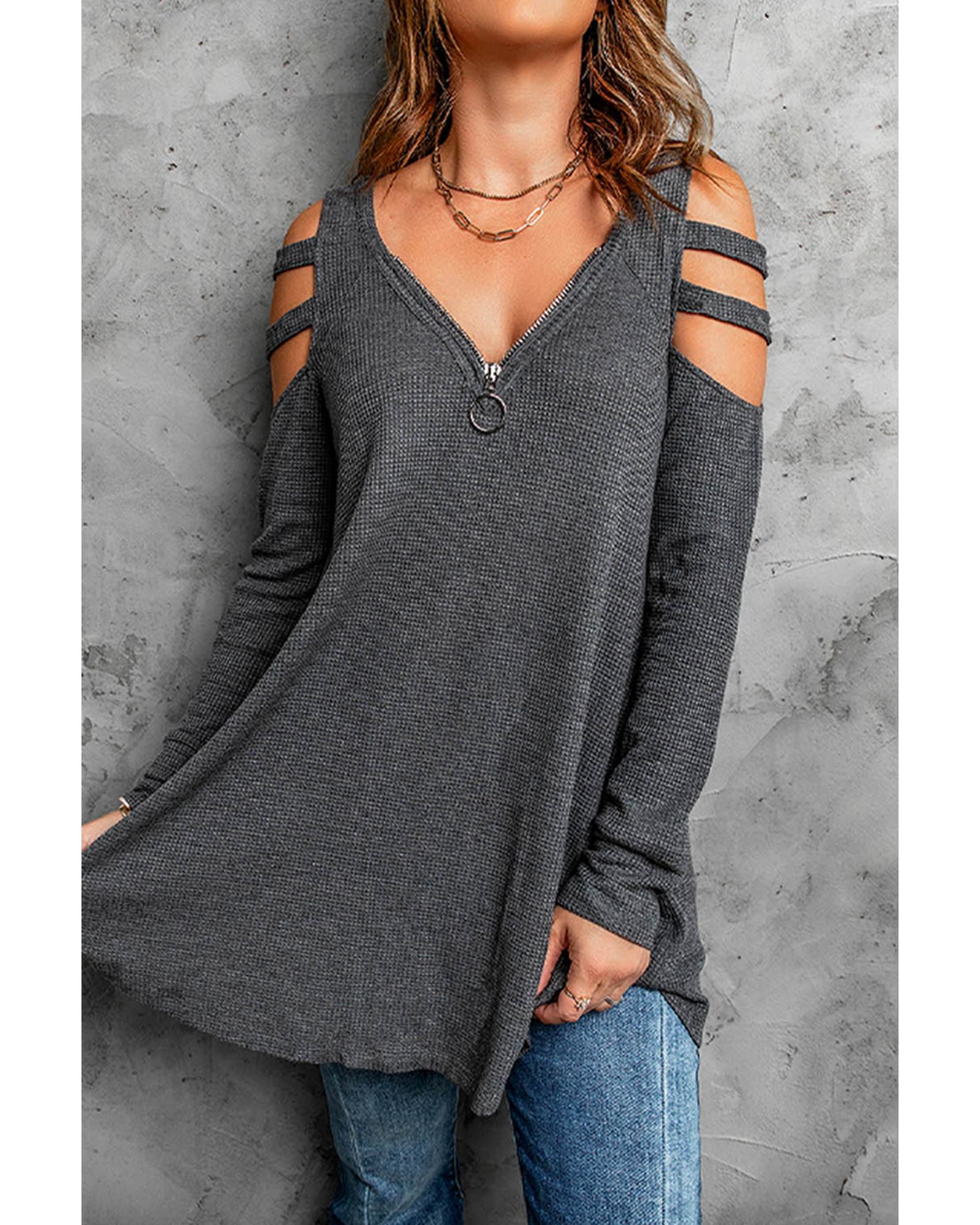 Cut-out Waffle Knit Long Sleeve Top - L