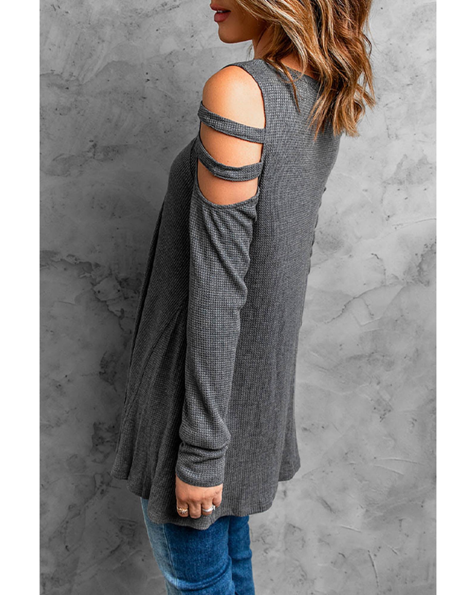 Cut-out Waffle Knit Long Sleeve Top - L