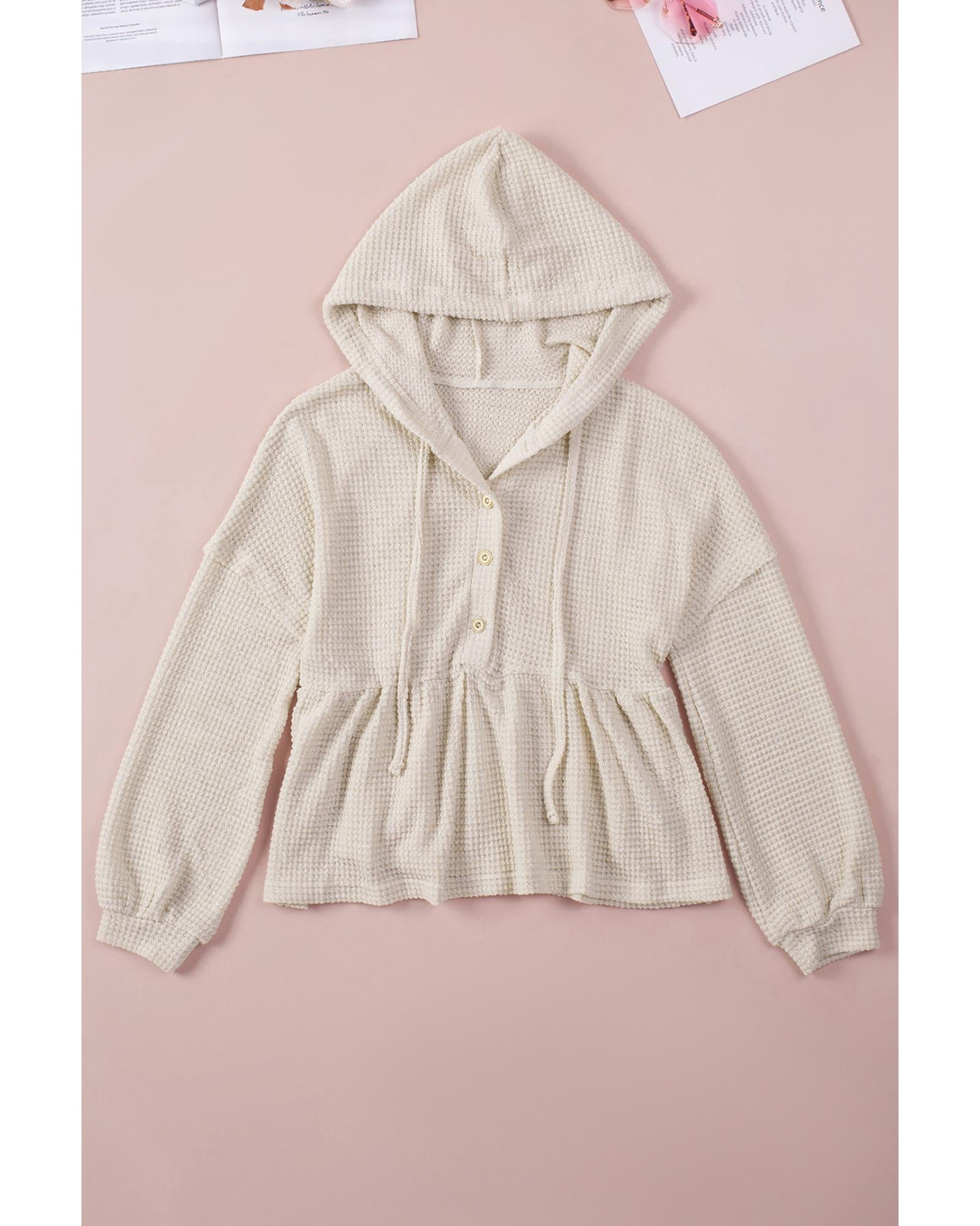 Azura Exchange Waffle Knit Buttons Ruffled Hooded Top - L