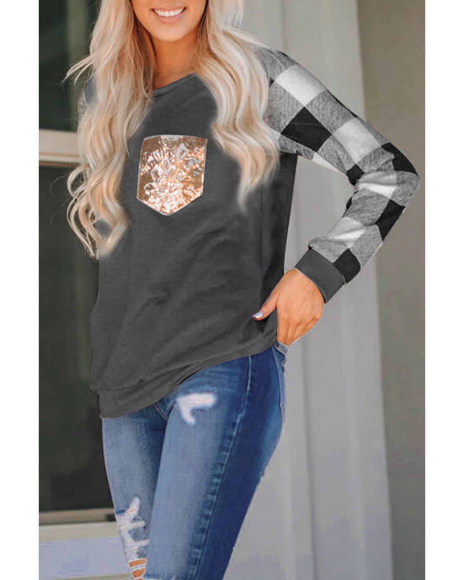 Sequined Pocket Plaid Long Sleeve Top - 2XL