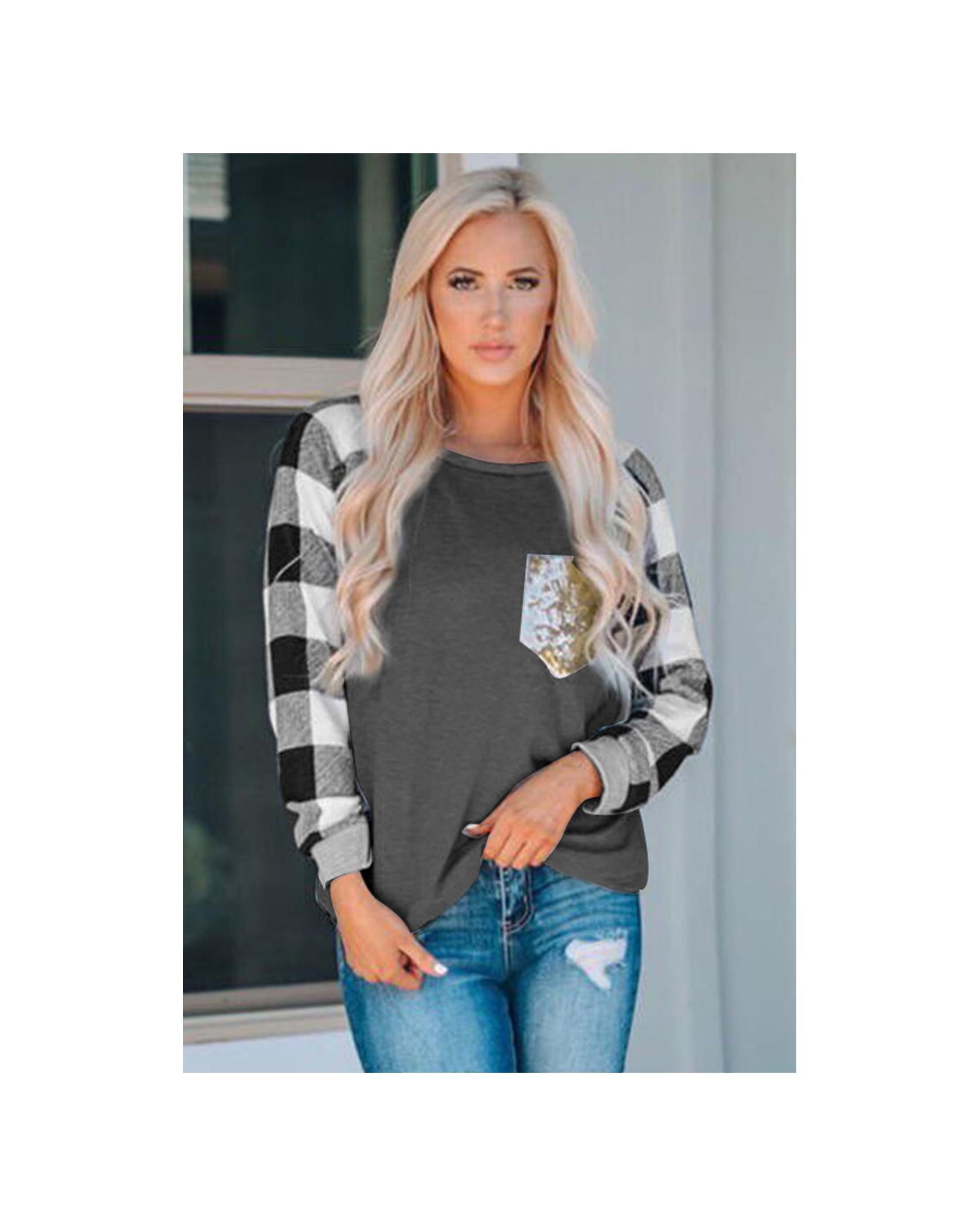 Sequined Pocket Plaid Long Sleeve Top - 2XL