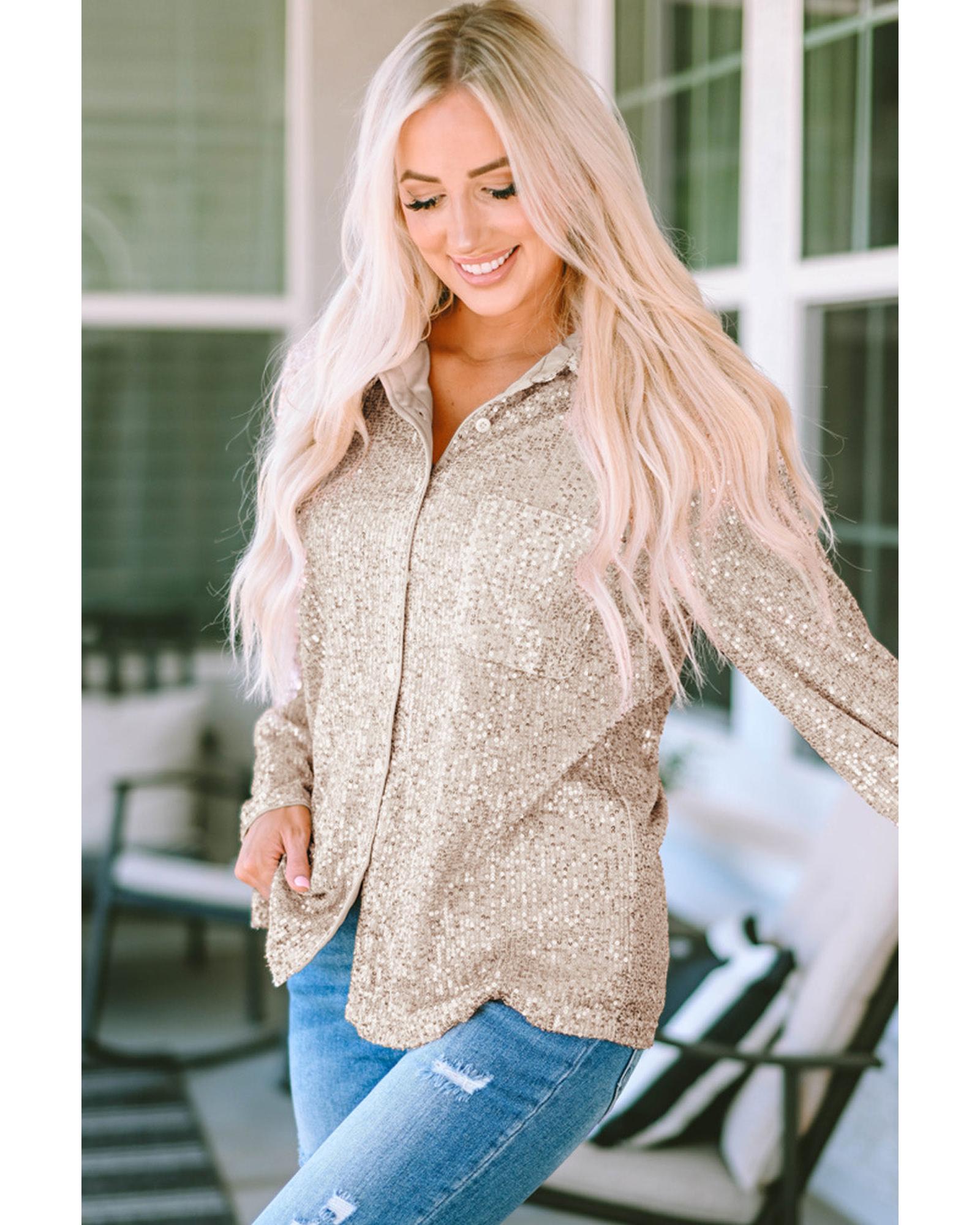 Sequin Collared Bust Pocket Buttoned Shirt - M