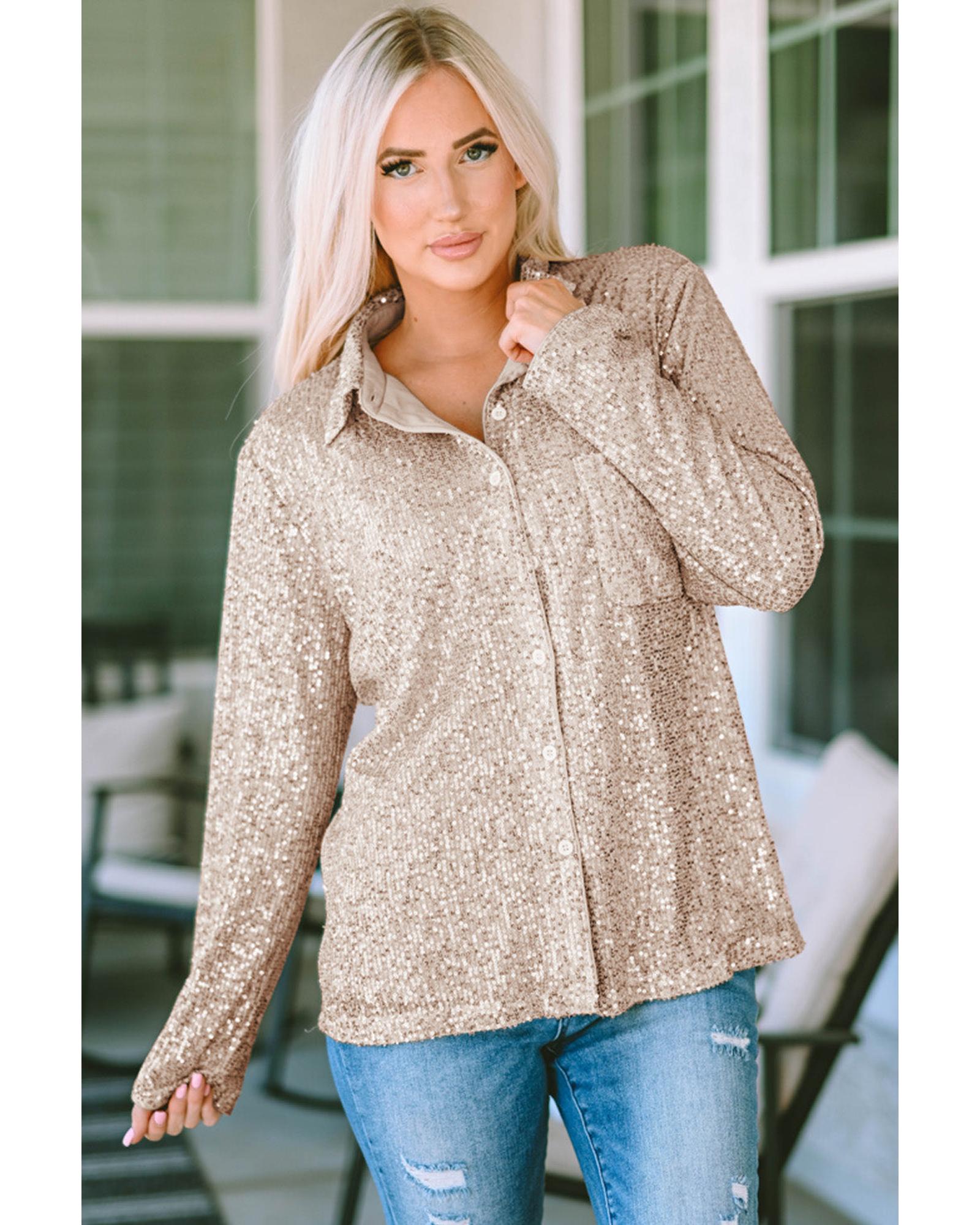 Sequin Collared Bust Pocket Buttoned Shirt - M