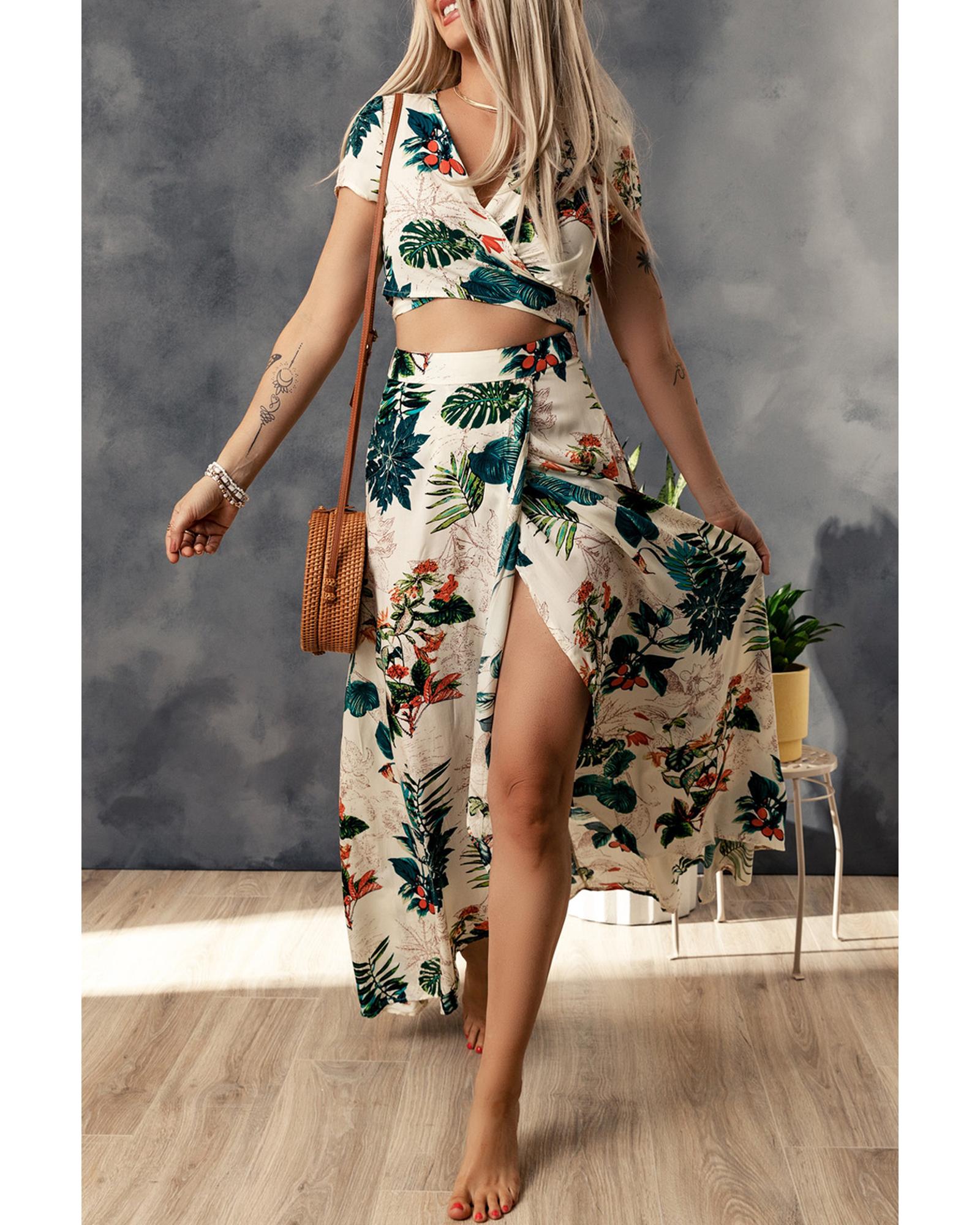 Tropical Print Crop Top and Maxi Skirt Set - XL