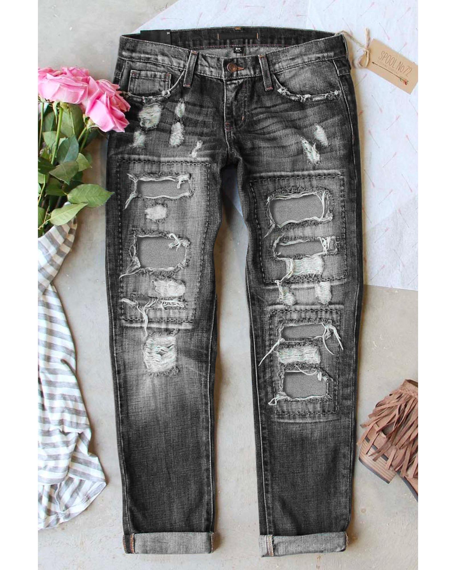 Buttoned Pockets Distressed Jeans - 2XL