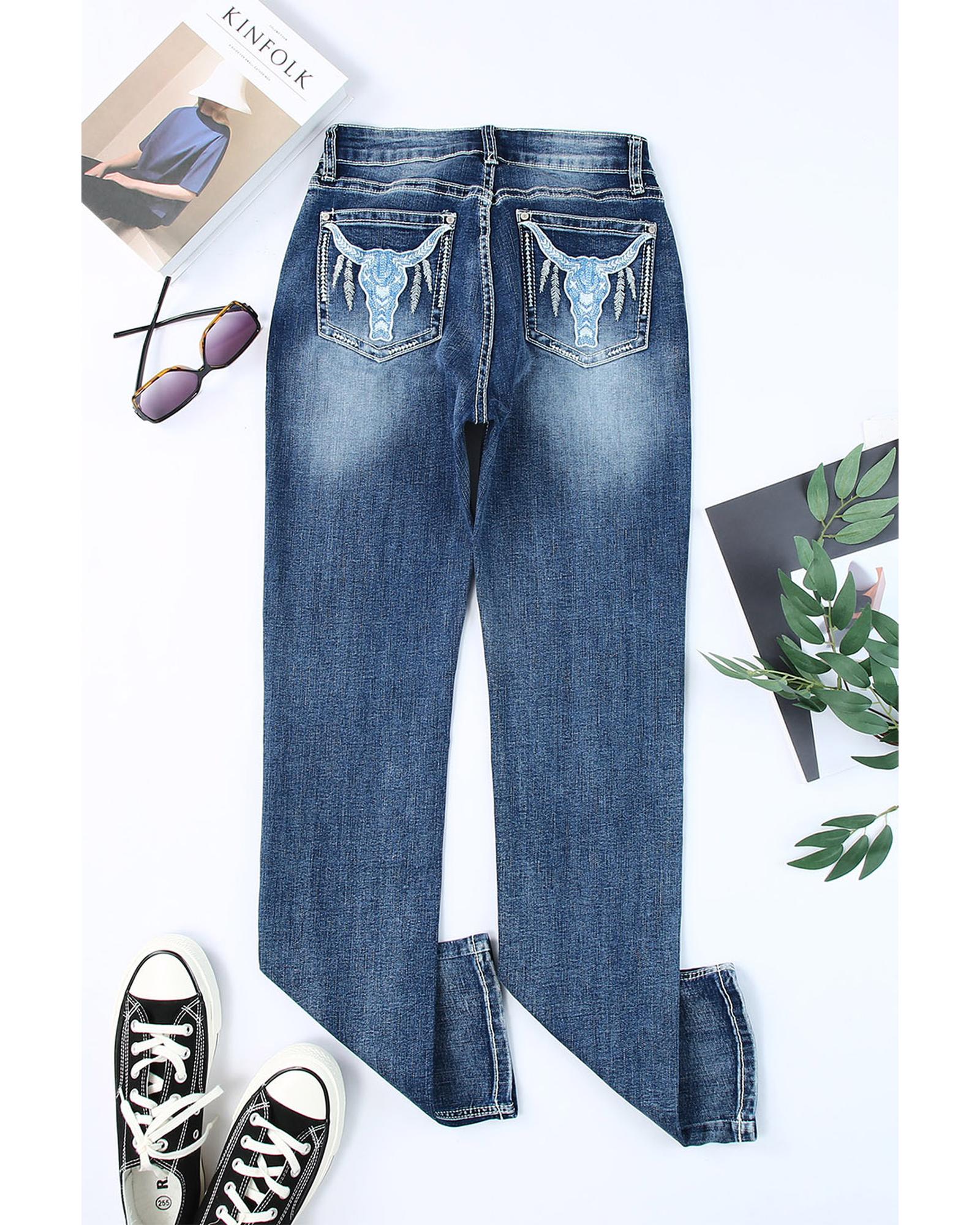 Embroidered Straight Leg Jeans - S