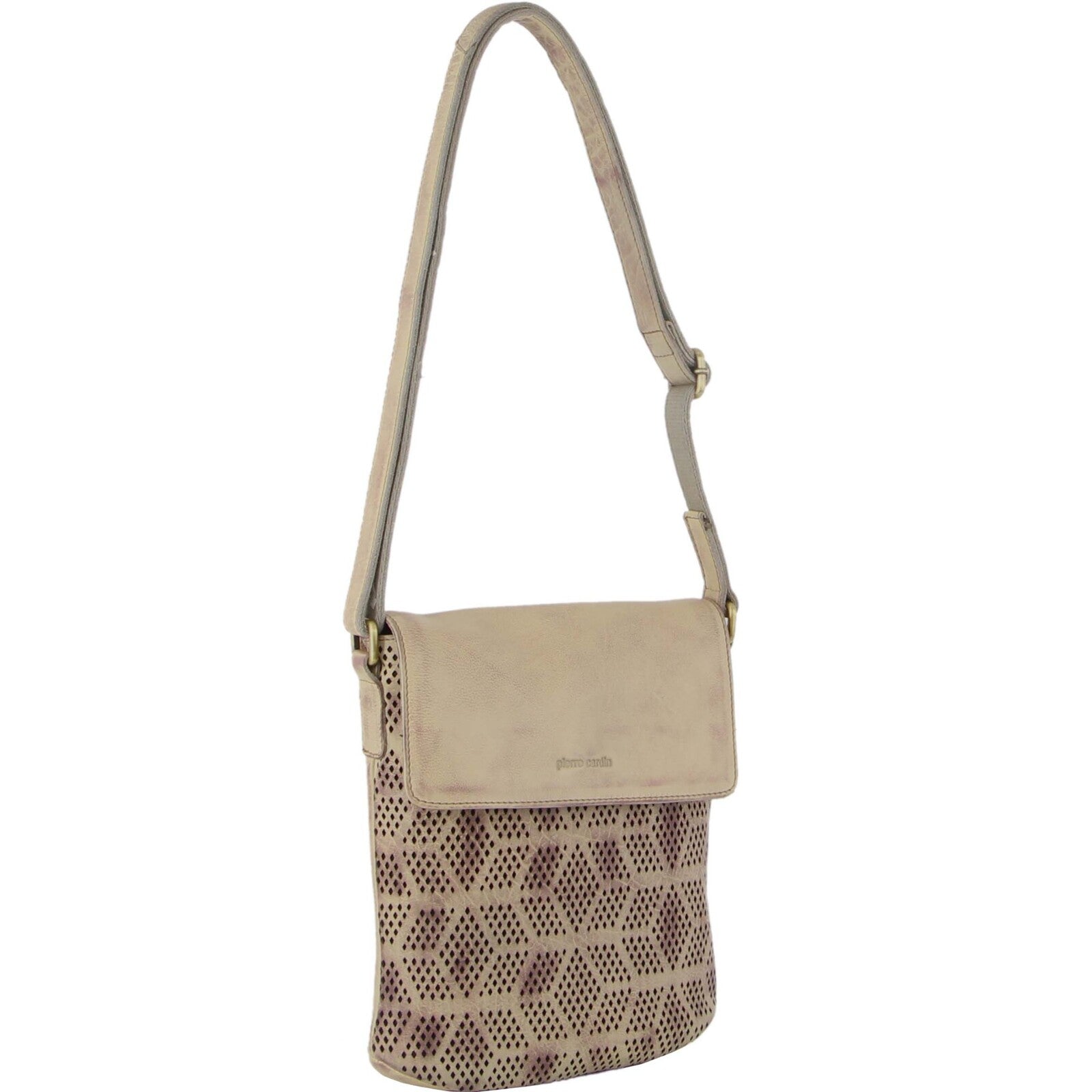 Leather Perforated Cross-Body Bag with Flap Closure - Latte