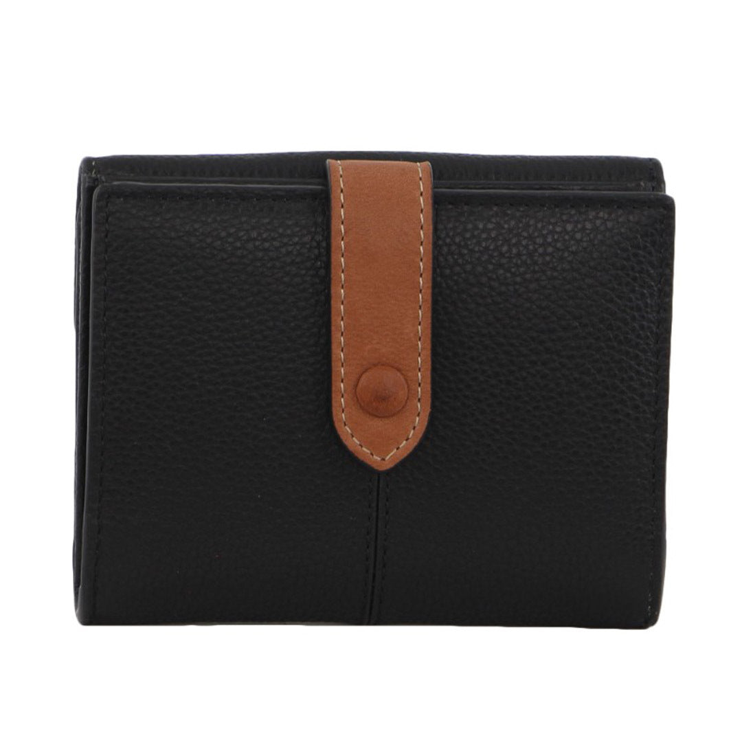 Womens Leather Bi-Fold Tab Wallet Ladies - Black