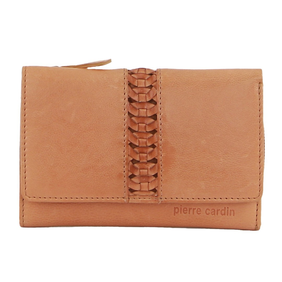 Leather Ladies Woven Design Tri-fold Wallet in Apricot