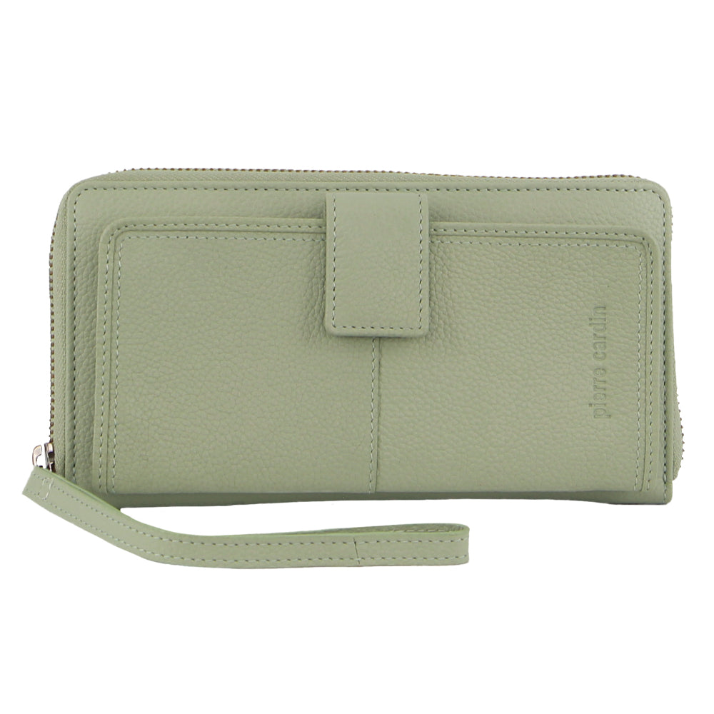 Womens Leather Zip Around Wallet w/ Wristlet in Jade Green