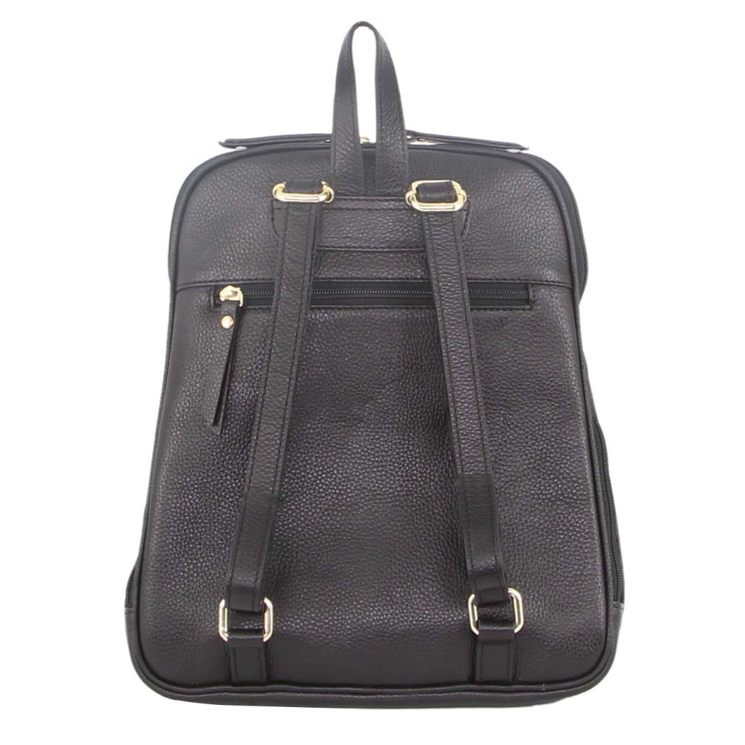 Womens Leather Backpack Bag with Pocket Front Multi-Zip - Black