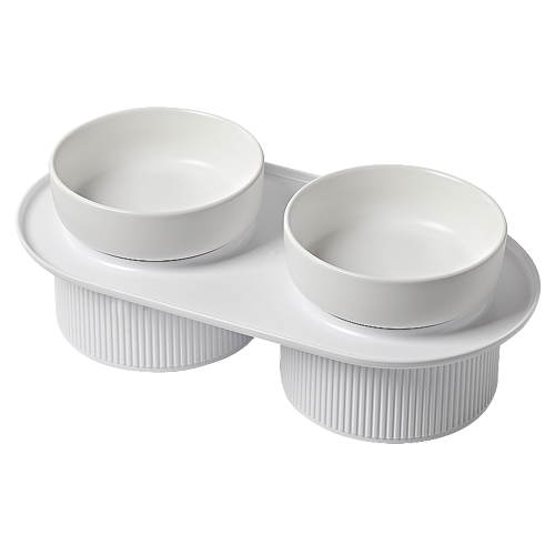 Ribbed Ceramic Double Pet Bowl 3pc Set - White