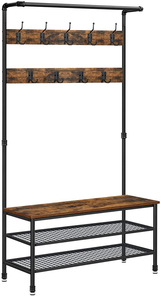 Coat Rack Stand with 9 Hooks and Shoe Rack, Industrial Style, Multifunctional Hall Tree, Sturdy Steel Frame