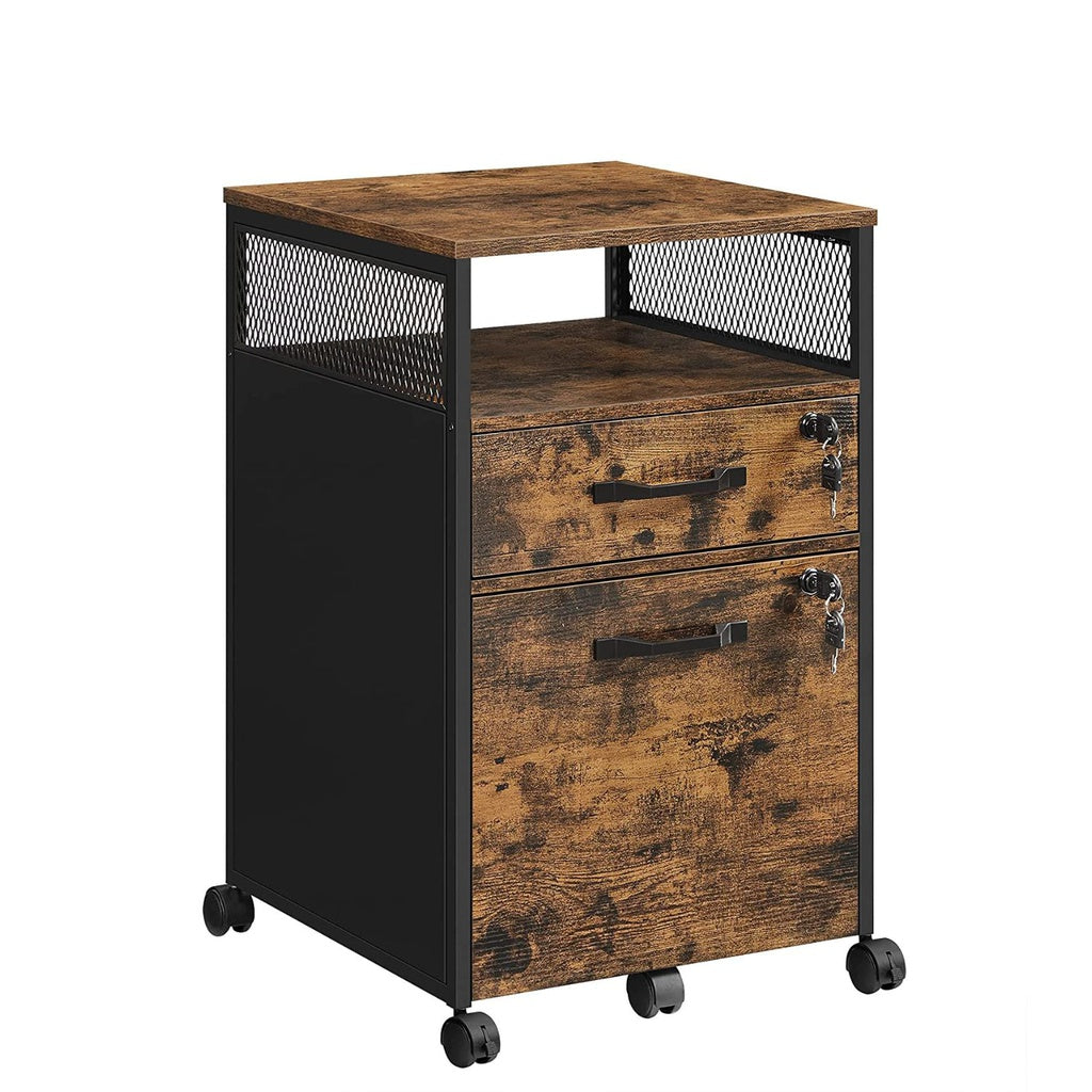 Office File Cabinet with 2 Lockable Drawers Steel Frame Industrial Rustic Brown and Black
