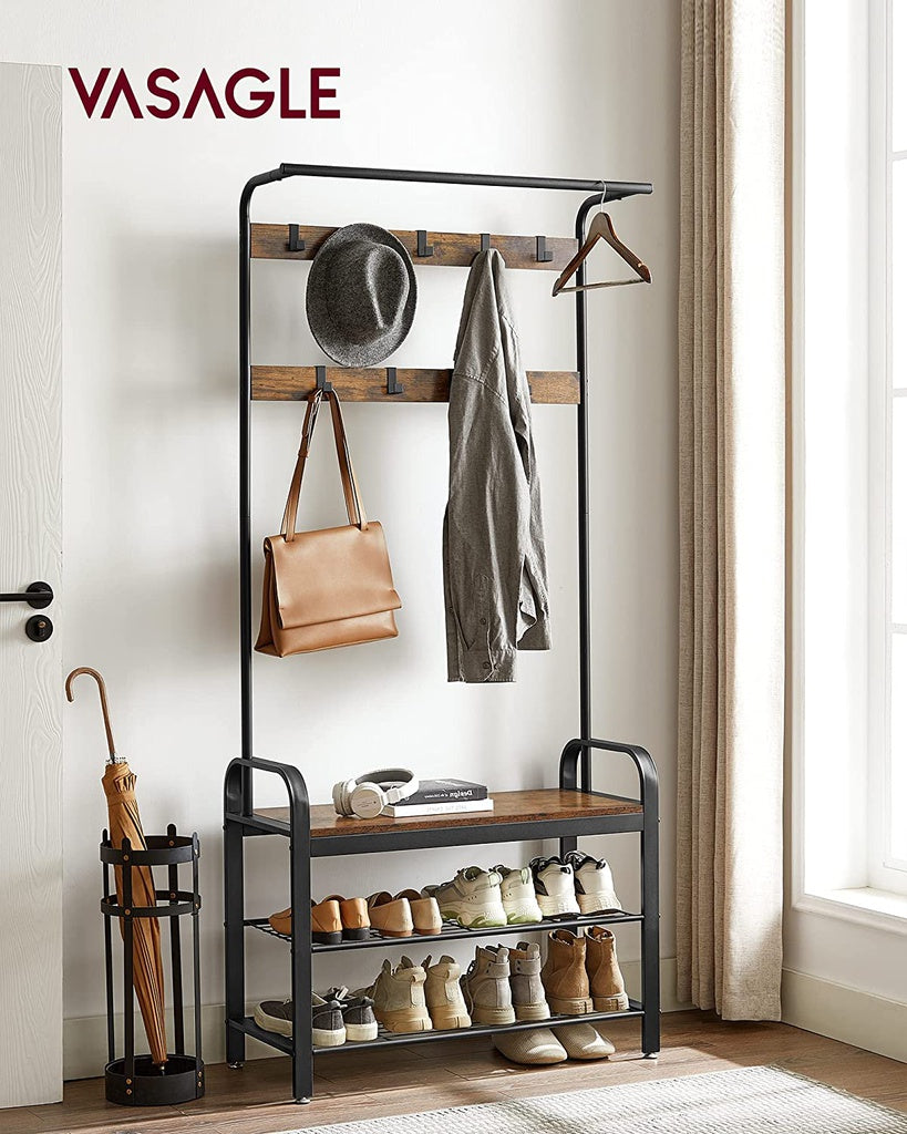 Coat Rack Hall Tree with Shoe Bench 3-in-1 Design Rustic Brown and Black