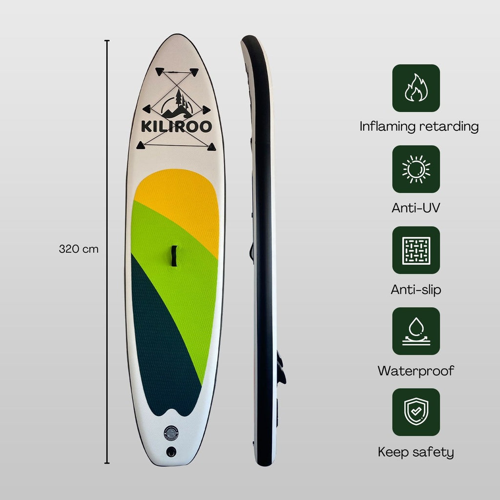 Inflatable Stand Up Paddle Board Balanced SUP Portable Ultralight, 10.5 x 2.5 x 0.5 ft, with EVA Anti-Slip Pad Yellow, Green & Black