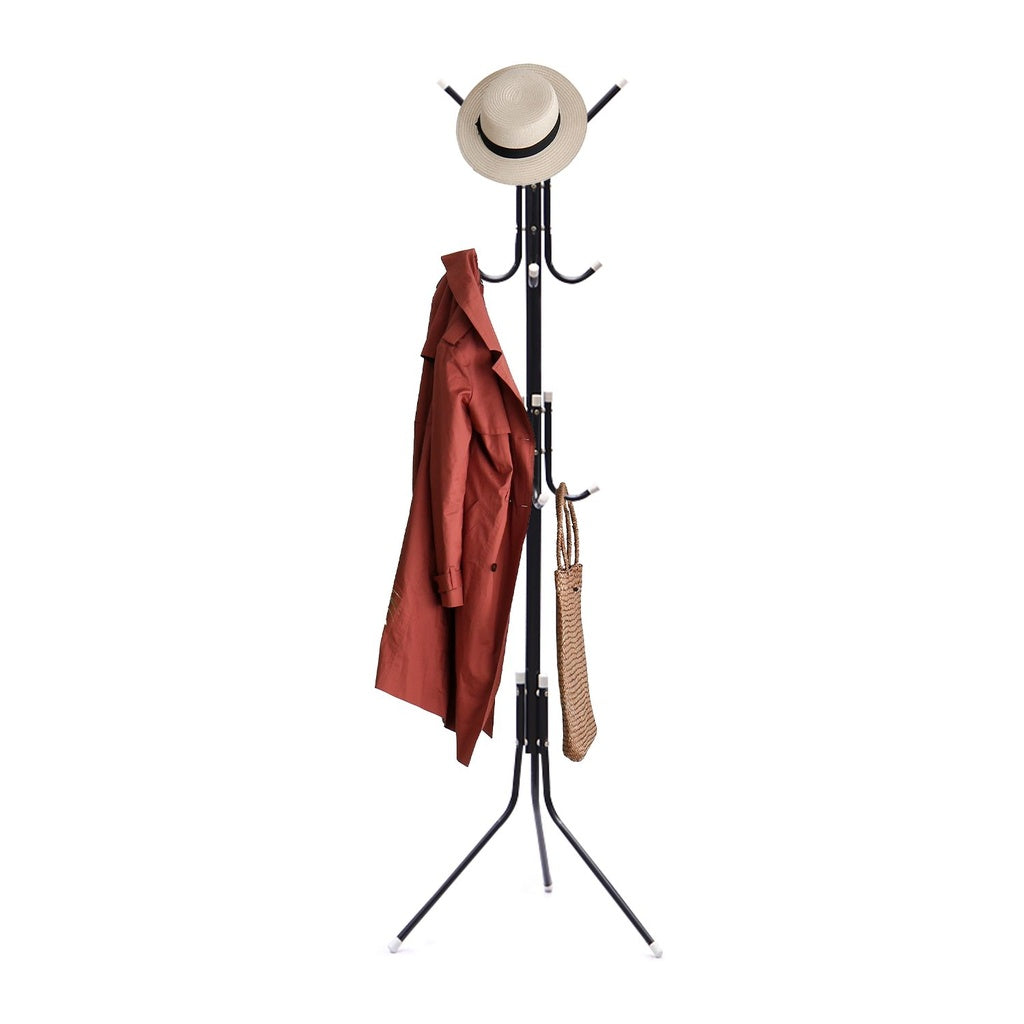 12 Hook Metal Coat Rack Stand with 3-Tier Hat Hanger Black