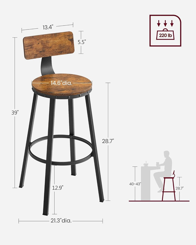 Tall Bar Stools Set of 2 Bar Chairs Vintage Brown