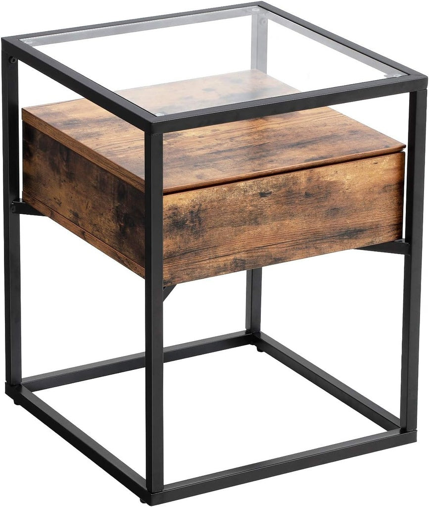Side Table Tempered Glass End Table with Drawer and Shelf Rustic Brown and Black