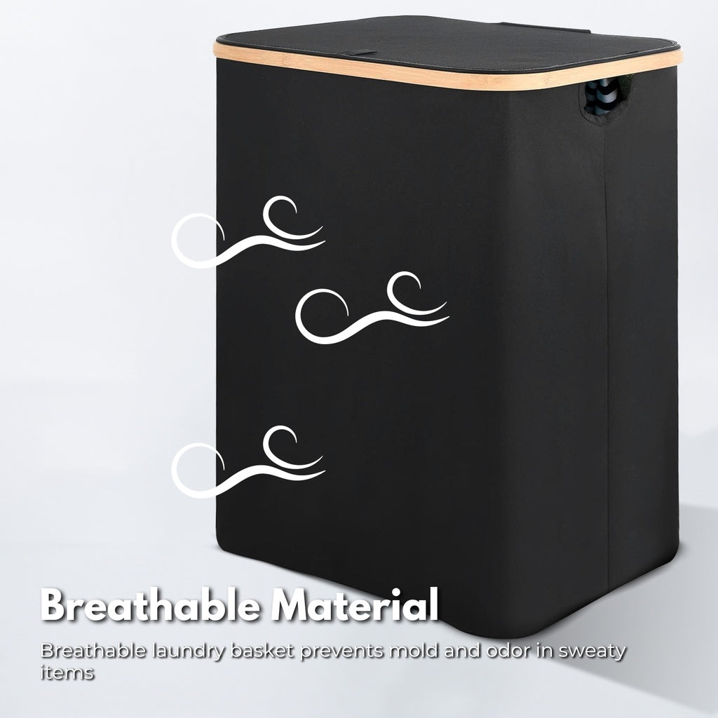 Folding Bamboo & Canvas Laundry Hamper with Single Lid Black
