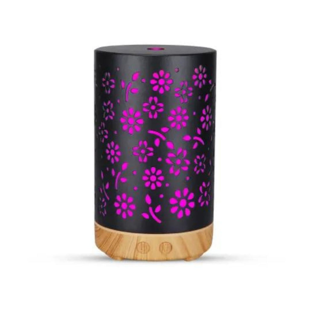 LED Aromatherapy Essential Oil Diffuser 100ml Metal Cover Floral Design with Light Wood Base