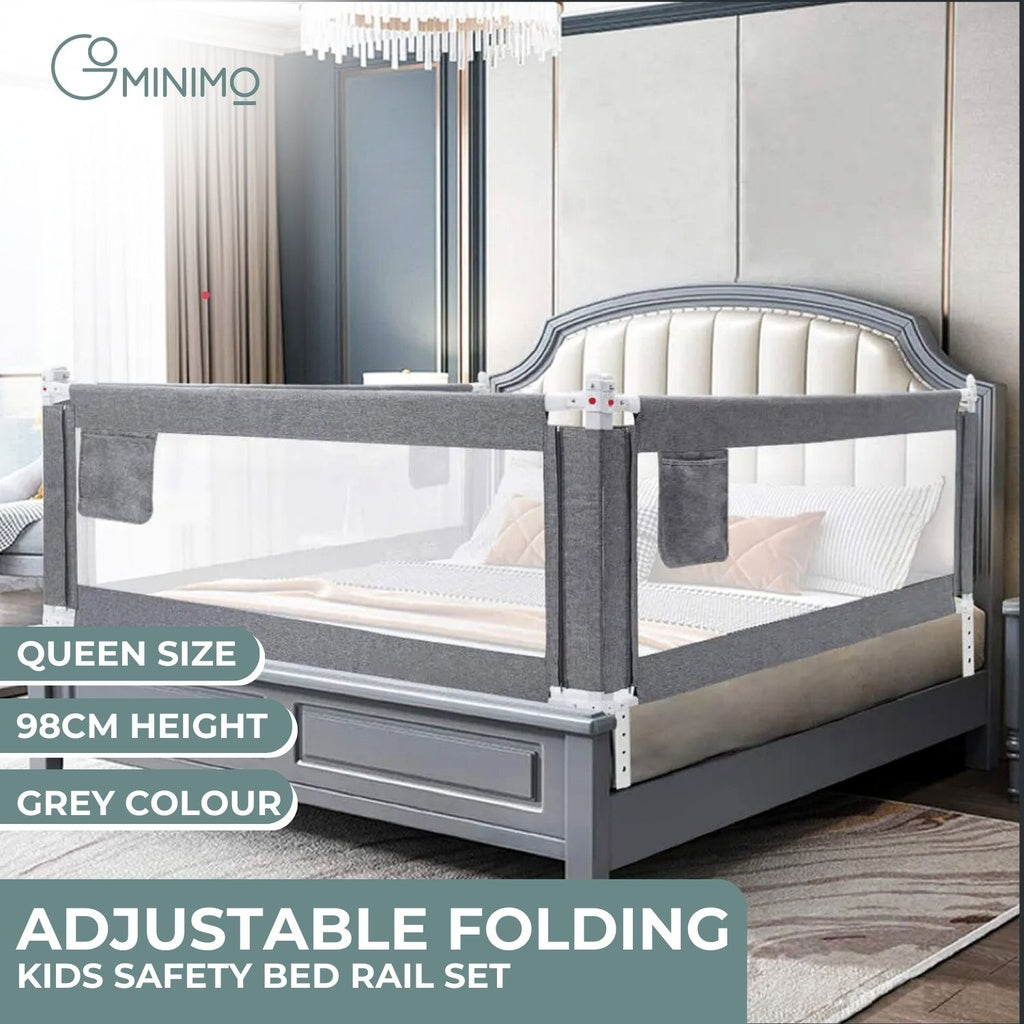 98CM Height Adjustable Folding Kids Safety Queen Size Bed Rail Set (1pcs 150X98CM + 2pcs 200X98CM, Grey) GO-SBR-103-JL