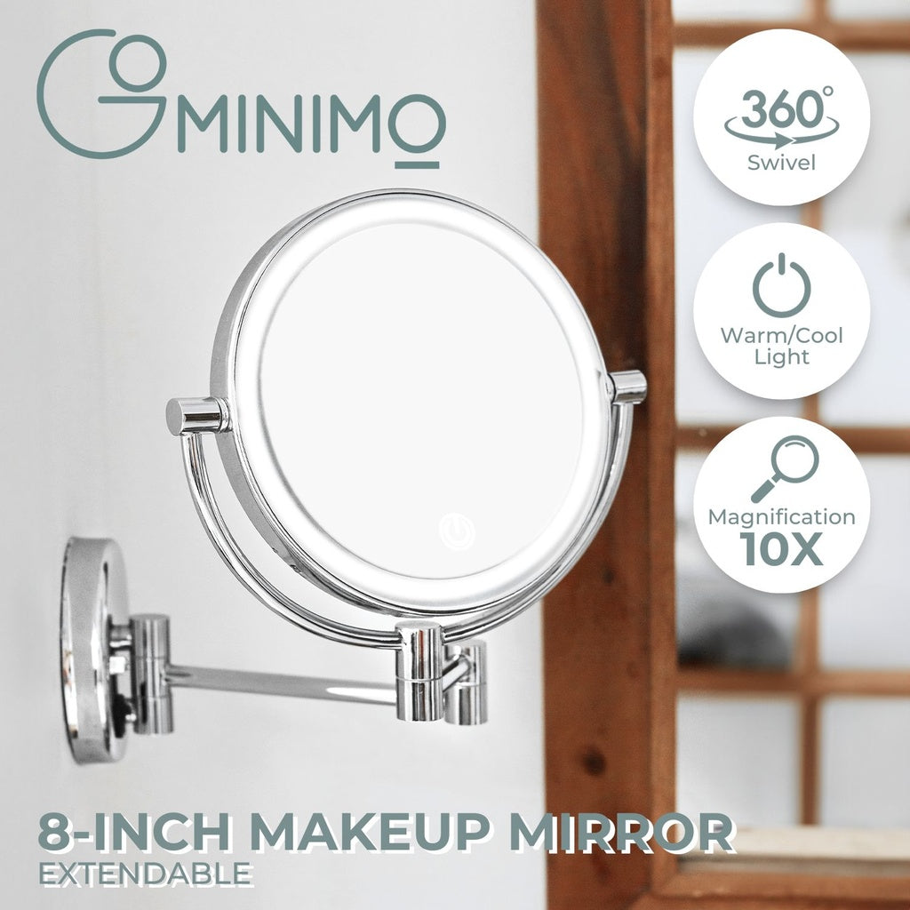 8 Inch Double-Sided LED Makeup Mirror with 10x Magnifying (Silver)