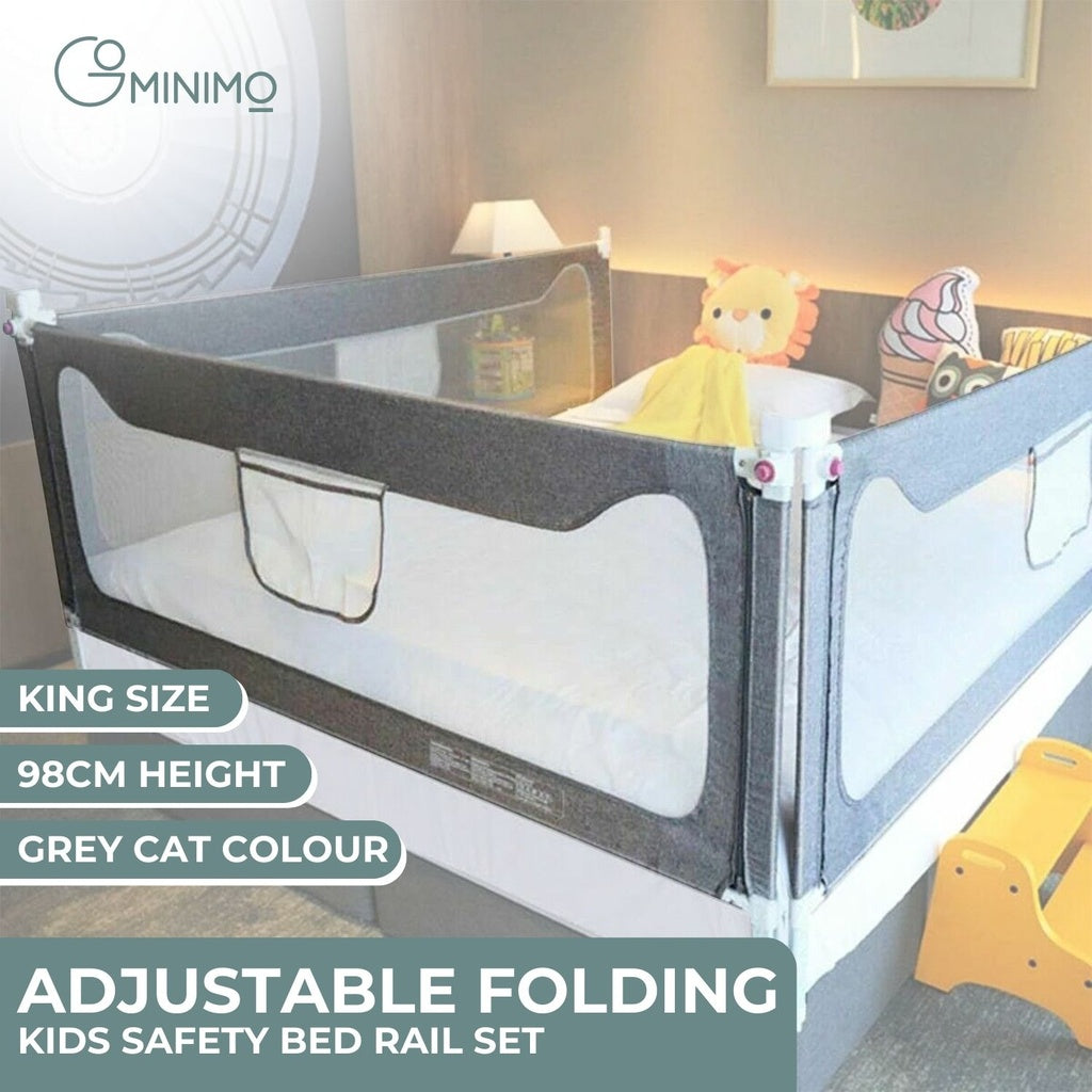 98CM Height Adjustable Folding Kids Safety King Size Bed Rail Set (1pcs 180X98CM + 2pcs 200X98CM, Grey) GO-SBR-104-JL