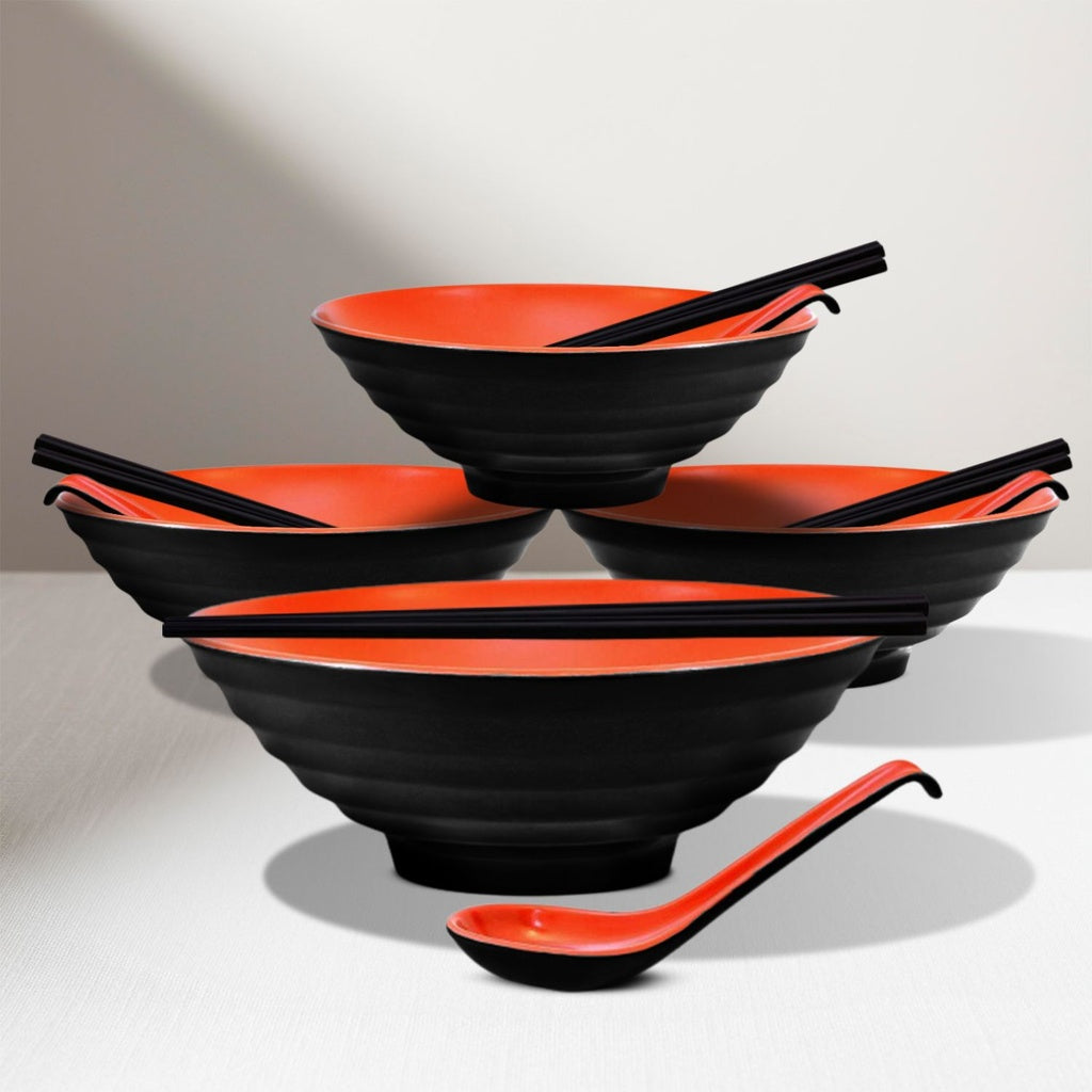 4 Sets (12 Piece) Noodle Soup Bowl Dishware with Matching Spoon and Chopsticks (Red and Black)