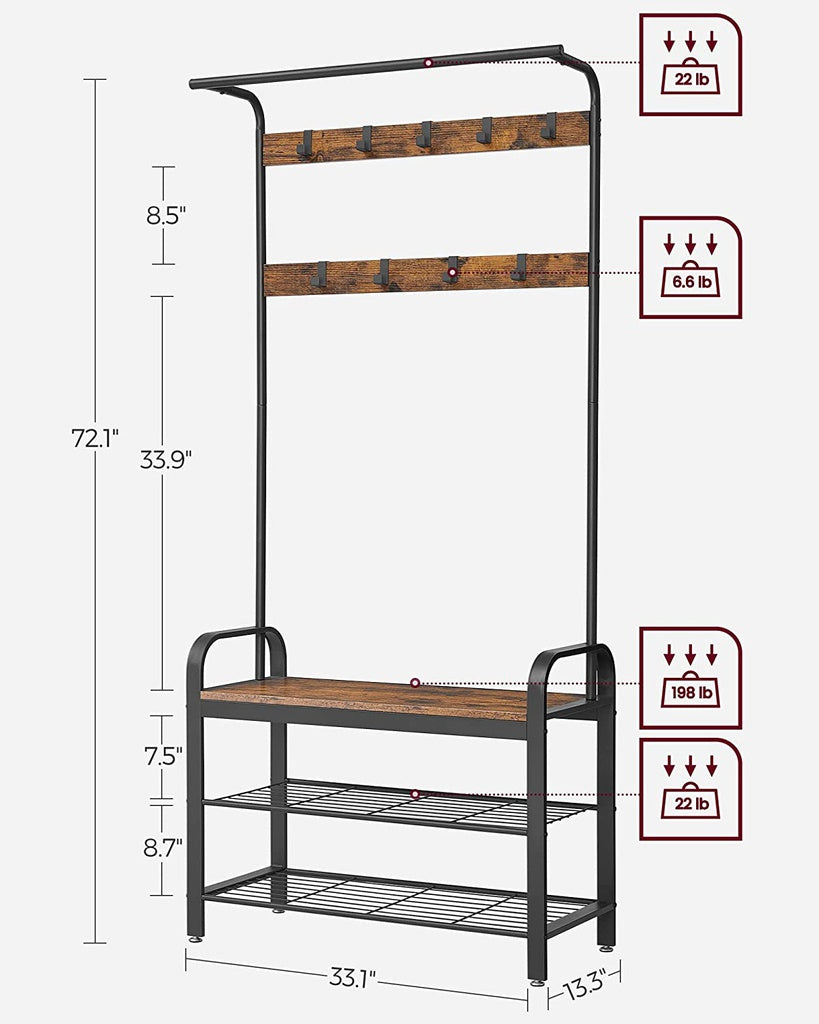 Coat Rack Hall Tree with Shoe Bench 3-in-1 Design Rustic Brown and Black