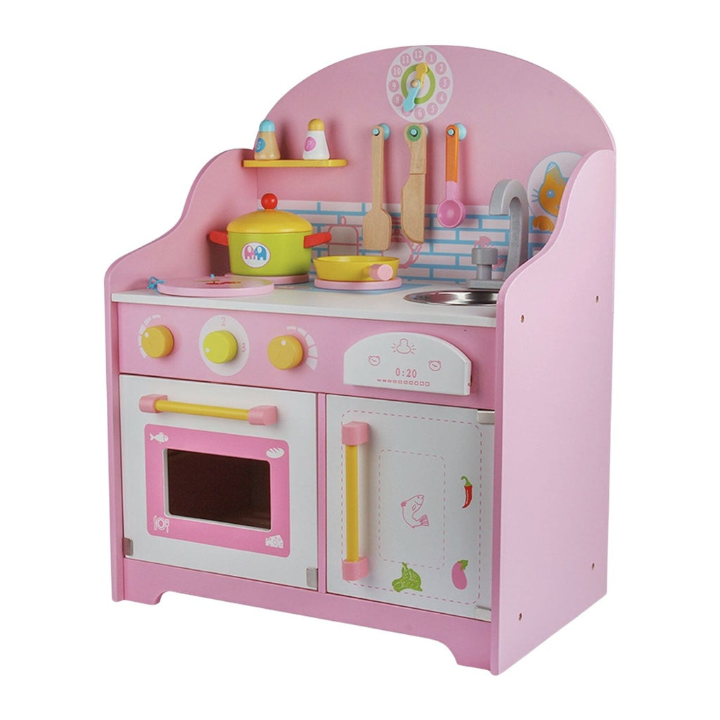 Wooden Kitchen Playset for Kids with Clock (Japanese Style Kitchen Set, Pink) EK-KP-109-MS